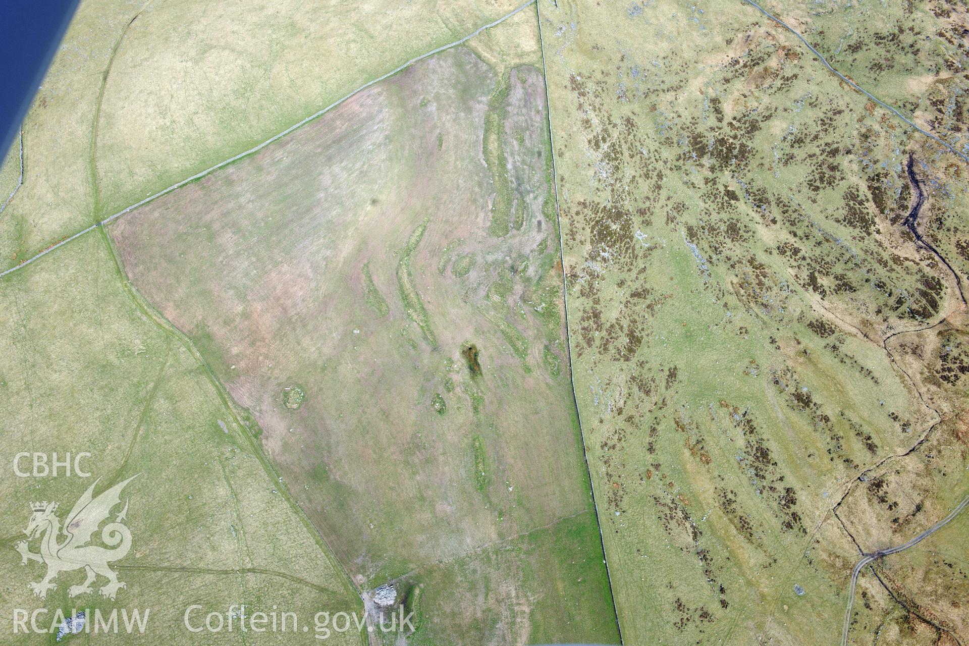 Cairn circles and hut circle at Moel Goedog, Harlech. Oblique aerial photograph taken during the Royal Commission?s programme of archaeological aerial reconnaissance by Toby Driver on 1st May 2013.