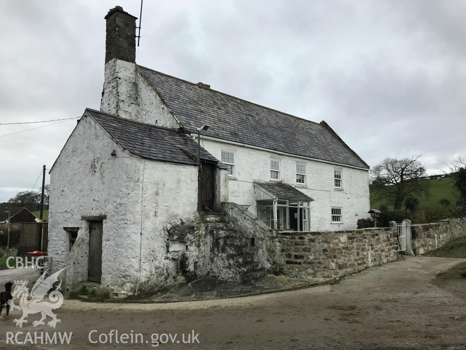 Digital colour photograph showing exterior view of front and side elevation of Bryn Ffanigl Uchaf house, Betws y Rhos, taken by Paul Davis on 3rd December 2019.