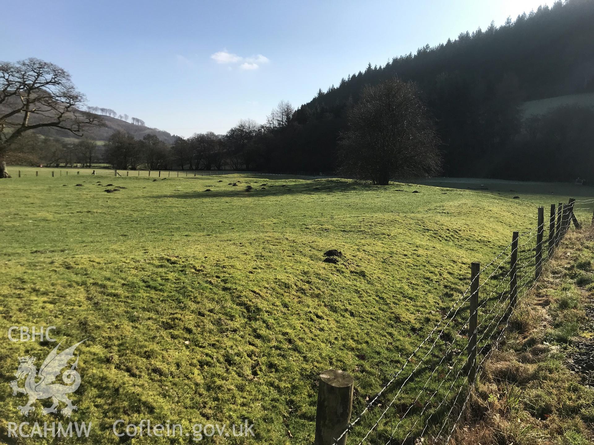 Digital colour photograph showing Mynachdy moat possible monastic grange, Llangunllo, taken by Paul Davis on 7th February 2020.