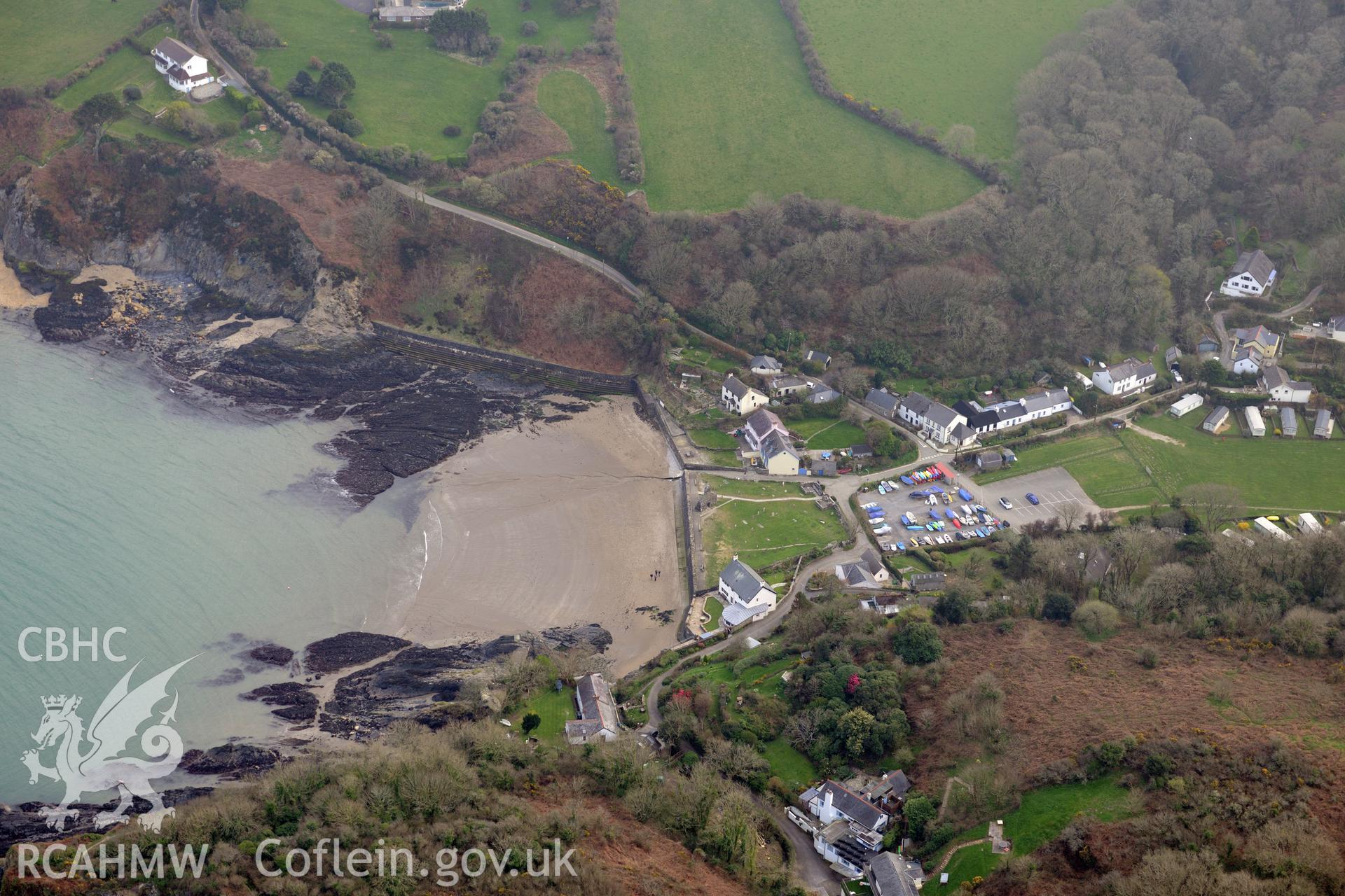 Aerial photography of Cwm yr Eglwys taken on 27th March 2017. Baseline aerial reconnaissance survey for the CHERISH Project. ? Crown: CHERISH PROJECT 2017. Produced with EU funds through the Ireland Wales Co-operation Programme 2014-2020. All material made freely available through the Open Government Licence.