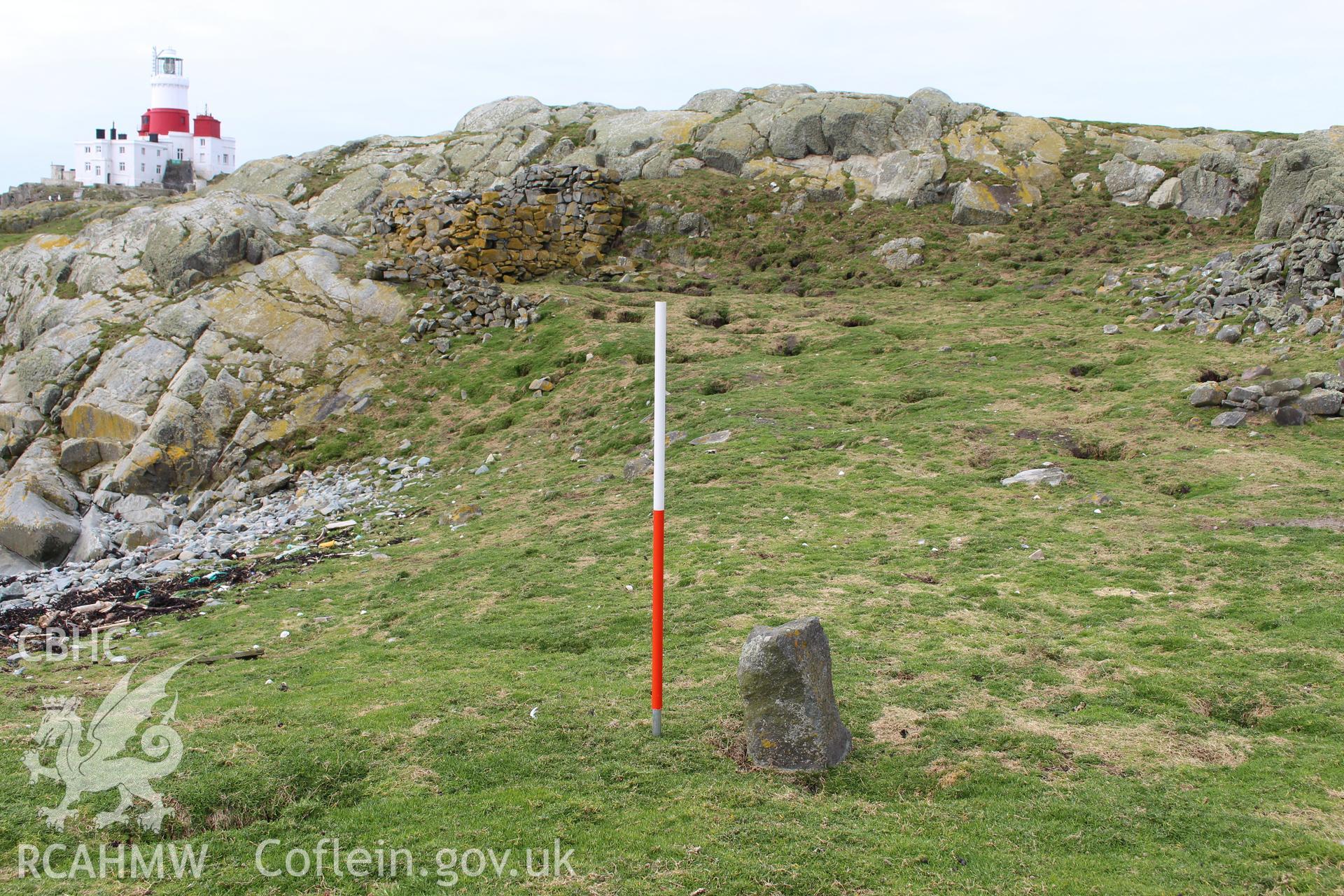 Skerries buoy keeper's cottage or stone shelter. Investigator's photographic survey for the CHERISH Project. ? Crown: CHERISH PROJECT 2018. Produced with EU funds through the Ireland Wales Co-operation Programme 2014-2020. All material made freely available through the Open Government Licence.