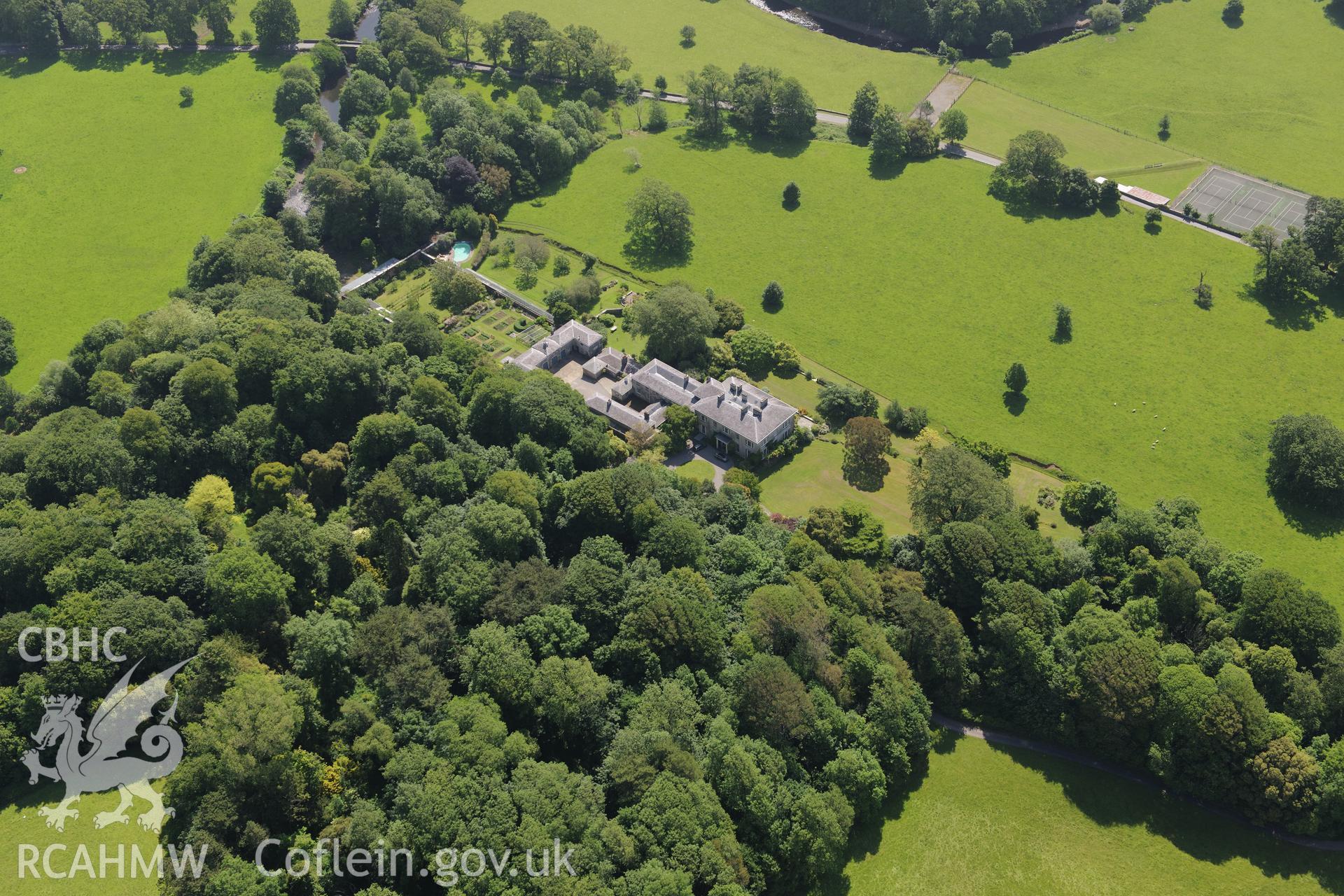 Merthyr Mawr house and garden. Oblique aerial photograph taken during the Royal Commission's programme of archaeological aerial reconnaissance by Toby Driver on 19th June 2015.