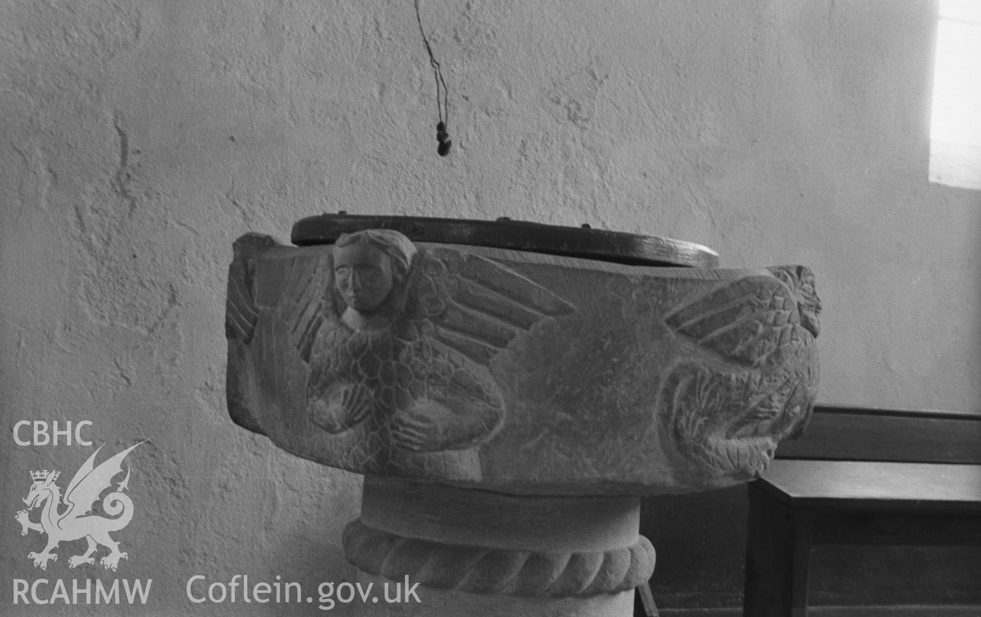 Digital copy of a black and white negative showing Norman font at St Mary's Church, Maestir, Lampter. Photographed in April 1963 by Arthur O. Chater from Grid Reference SN 5537 4932.