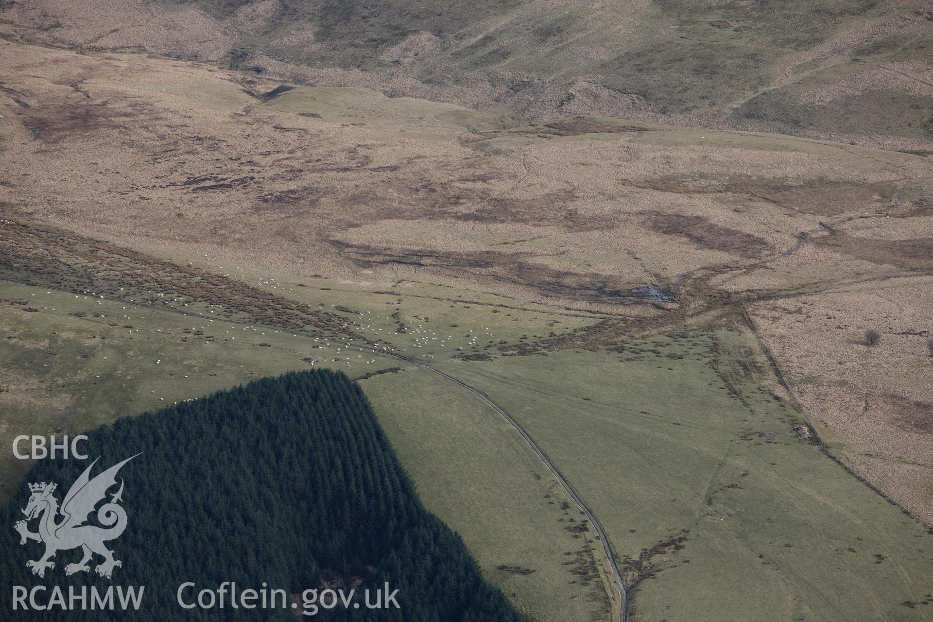 Pen Cerrigdiddos ritual complex, round barrows and standing stone on Mynydd Mallaen, north west of Llandovery. Oblique aerial photograph taken during the Royal Commission?s programme of archaeological aerial reconnaissance by Toby Driver on 28th February