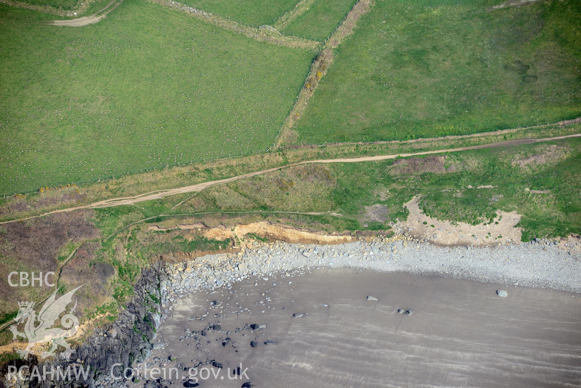 Aerial photography of St Patrick's Chapel taken on 27th March 2017. Baseline aerial reconnaissance survey for the CHERISH Project. ? Crown: CHERISH PROJECT 2017. Produced with EU funds through the Ireland Wales Co-operation Programme 2014-2020. All material made freely available through the Open Government Licence.