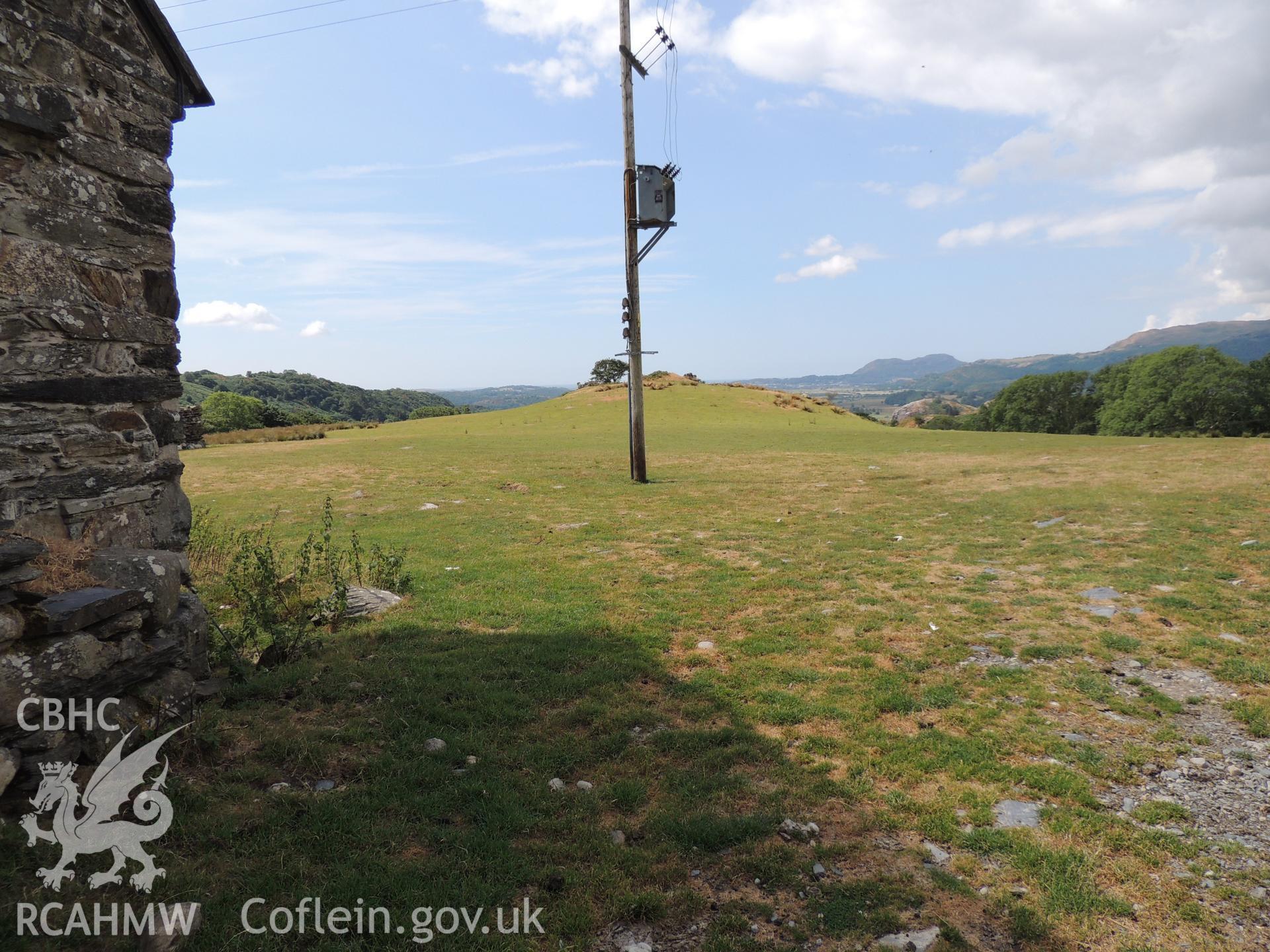 'View west south-west toward development area from Parc.' Photographed as part of desk based assessment and heritage impact assessment of a hydro scheme on the Afon Croesor, Brondanw Estate, Gwynedd. Produced by Archaeology Wales, 2018.