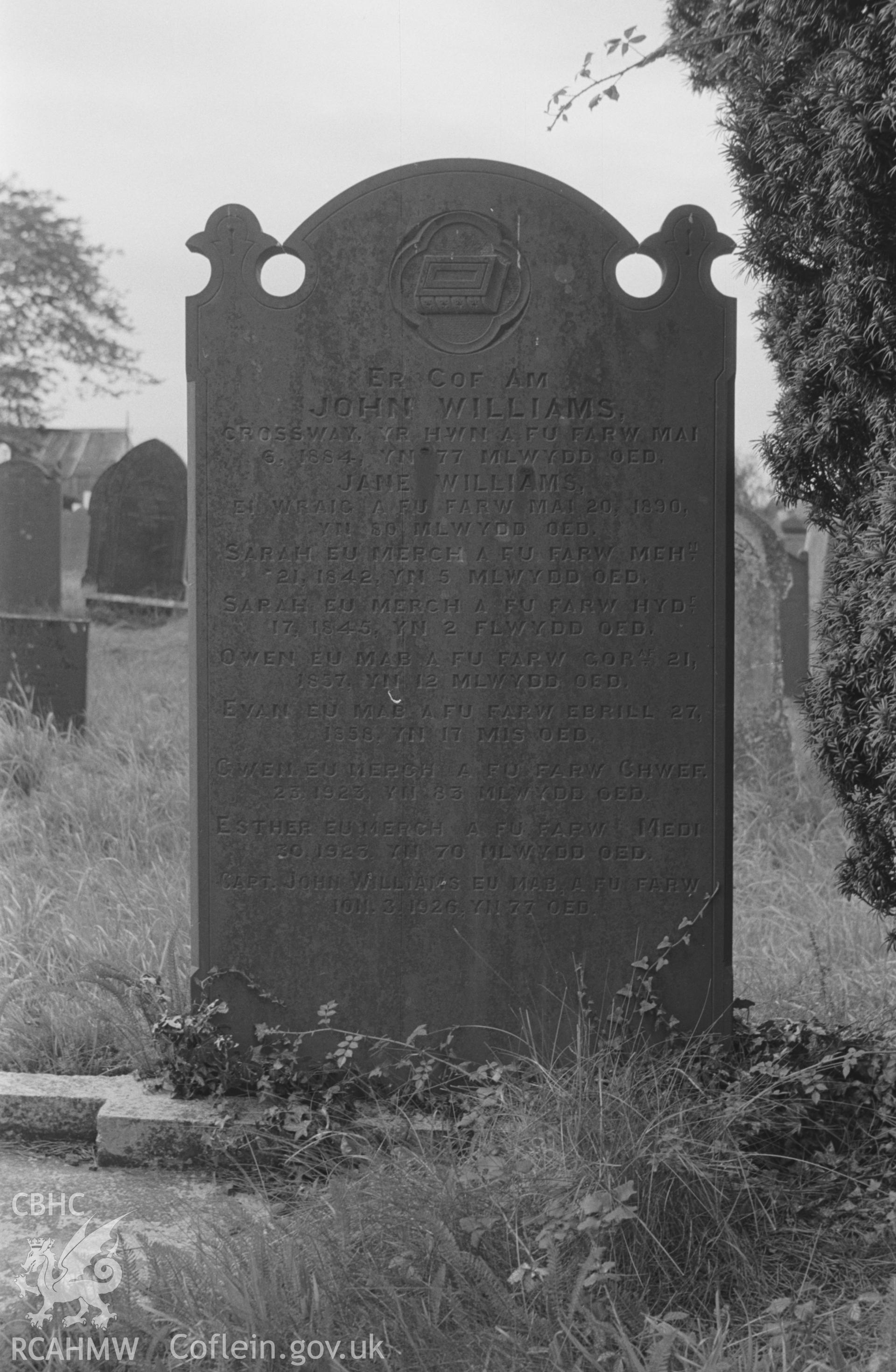 Digital copy of a black and white negative showing gravestone in memory of the Williams family at St. David's Church, Henfynyw, Aberaeron. Photographed by Arthur O. Chater on 5th September 1966 from Grid Reference SN 447 613.