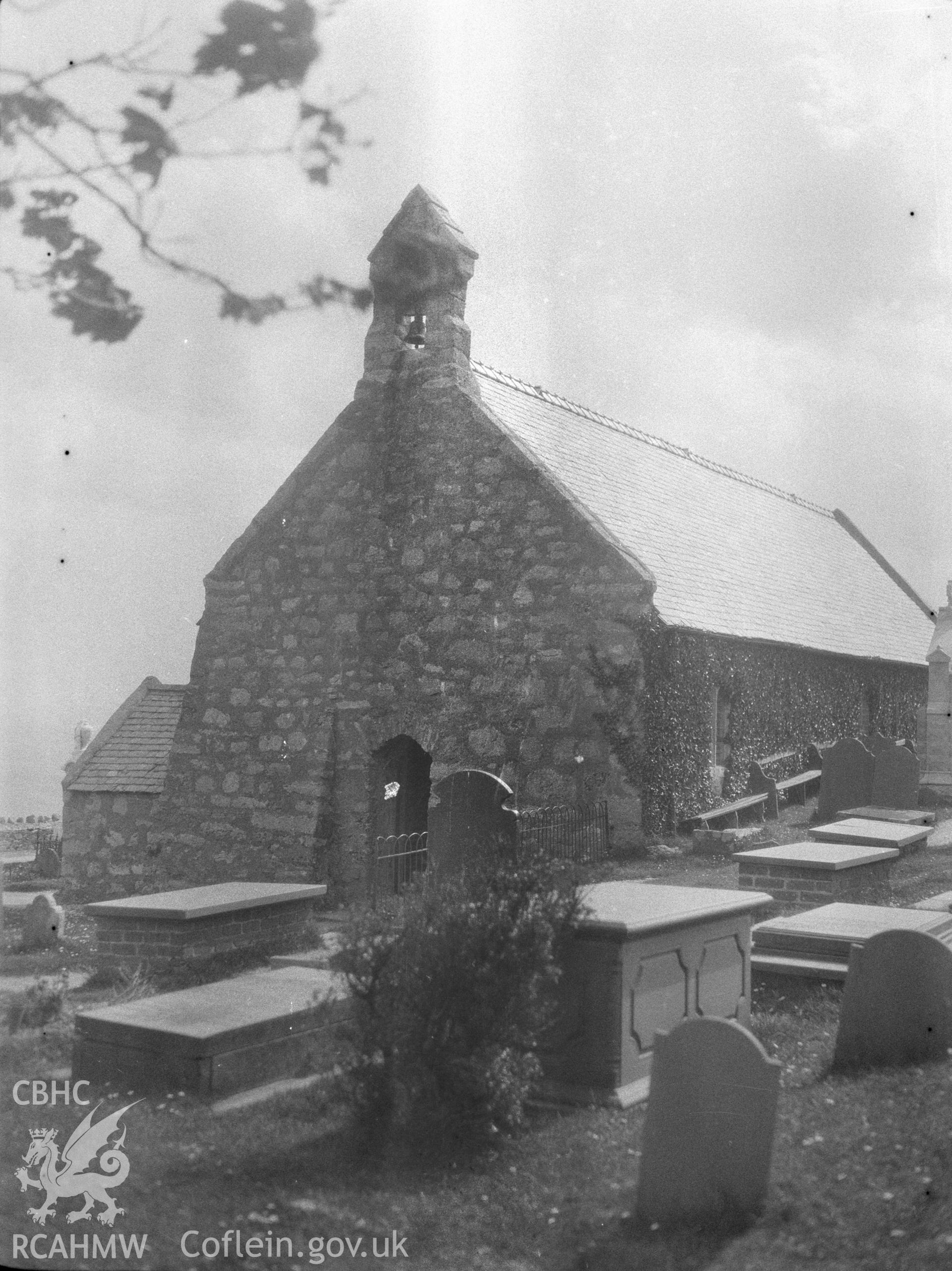 Digital copy of a nitrate negative showing exterior view from south-west of St Tudno's Church, Llandudno. From the National Building Record Postcard Collection.