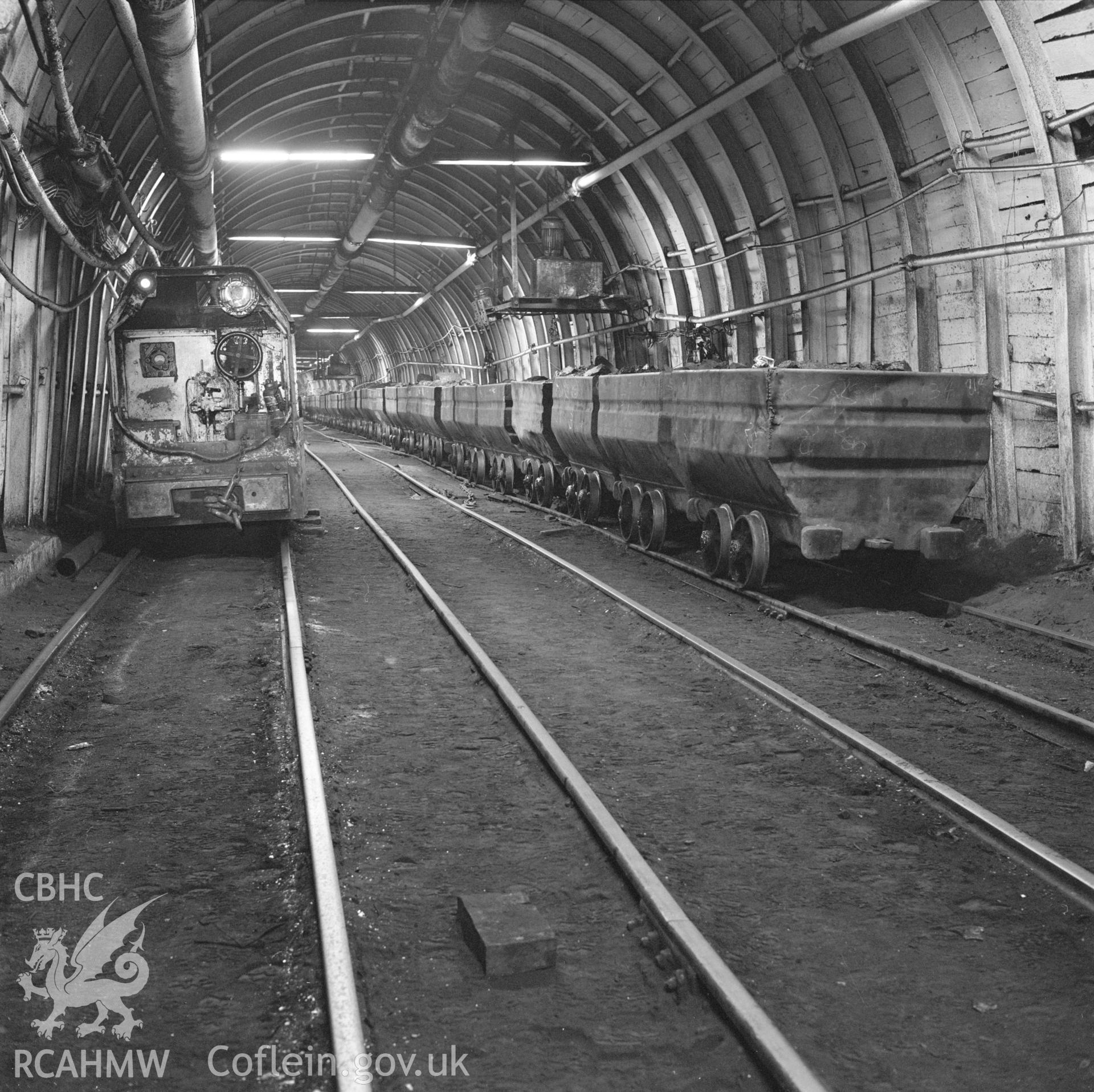 Digital copy of an acetate negative showing pit bottom at Penallta Colliery, from the John Cornwell Collection.