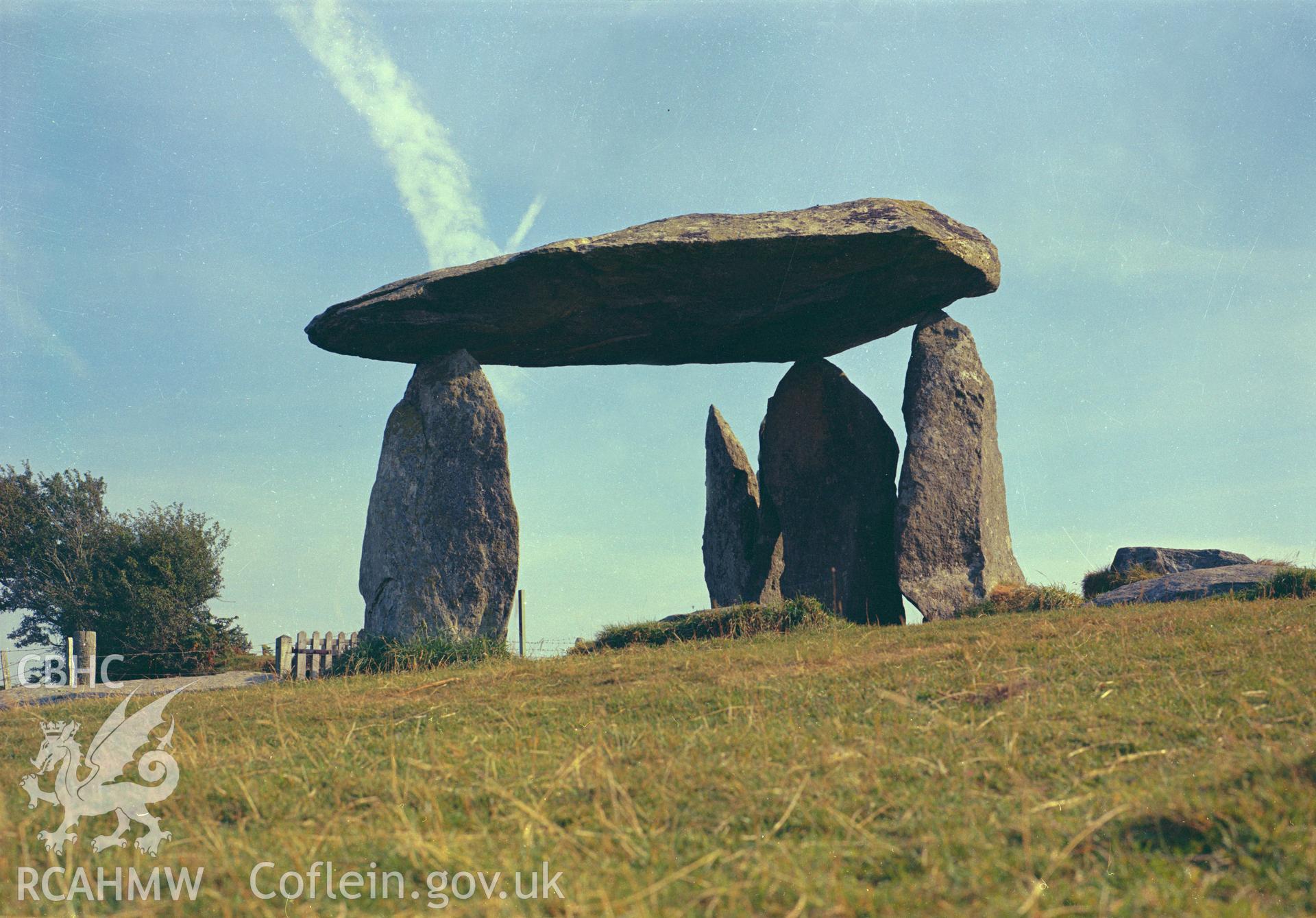 Digital copy of a colour negative showing view of Pentre Ifan Cromlech, taken by RCAHMW.