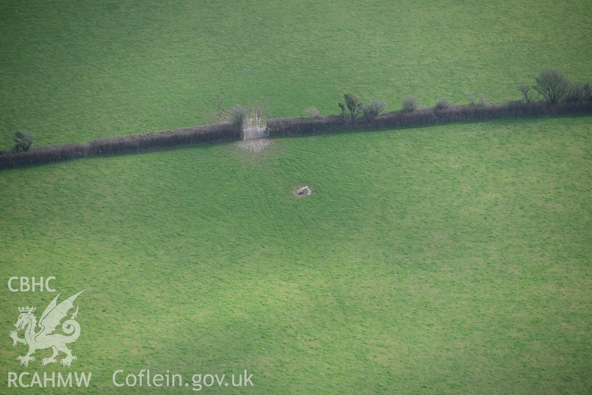 Possibly part of Trellyffaint burial chamber, near Nevern, Fishguard. Oblique aerial photograph taken during the Royal Commission's programme of archaeological aerial reconnaissance by Toby Driver on 13th March 2015.