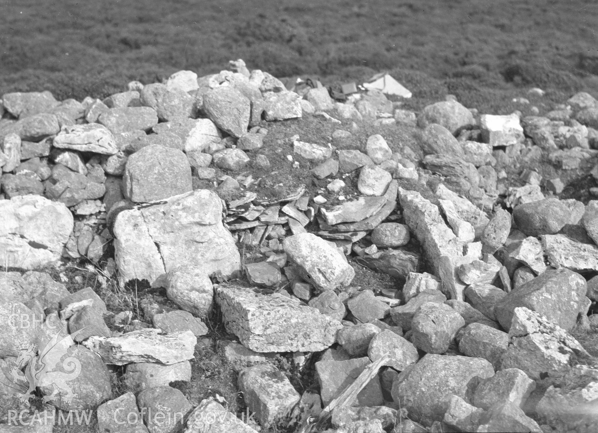 Digital copy of a nitrate negative showing Creigiau Eglwyseg Cairn