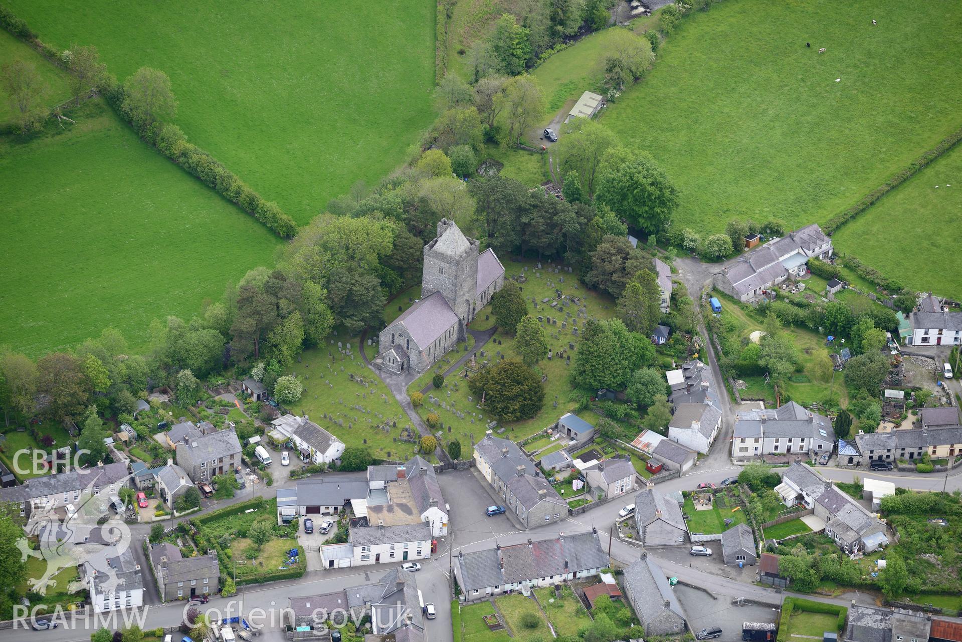 St. David's Church, Llanddewi Brefi. Oblique aerial photograph taken during the Royal Commission's programme of archaeological aerial reconnaissance by Toby Driver on 3rd June 2015.