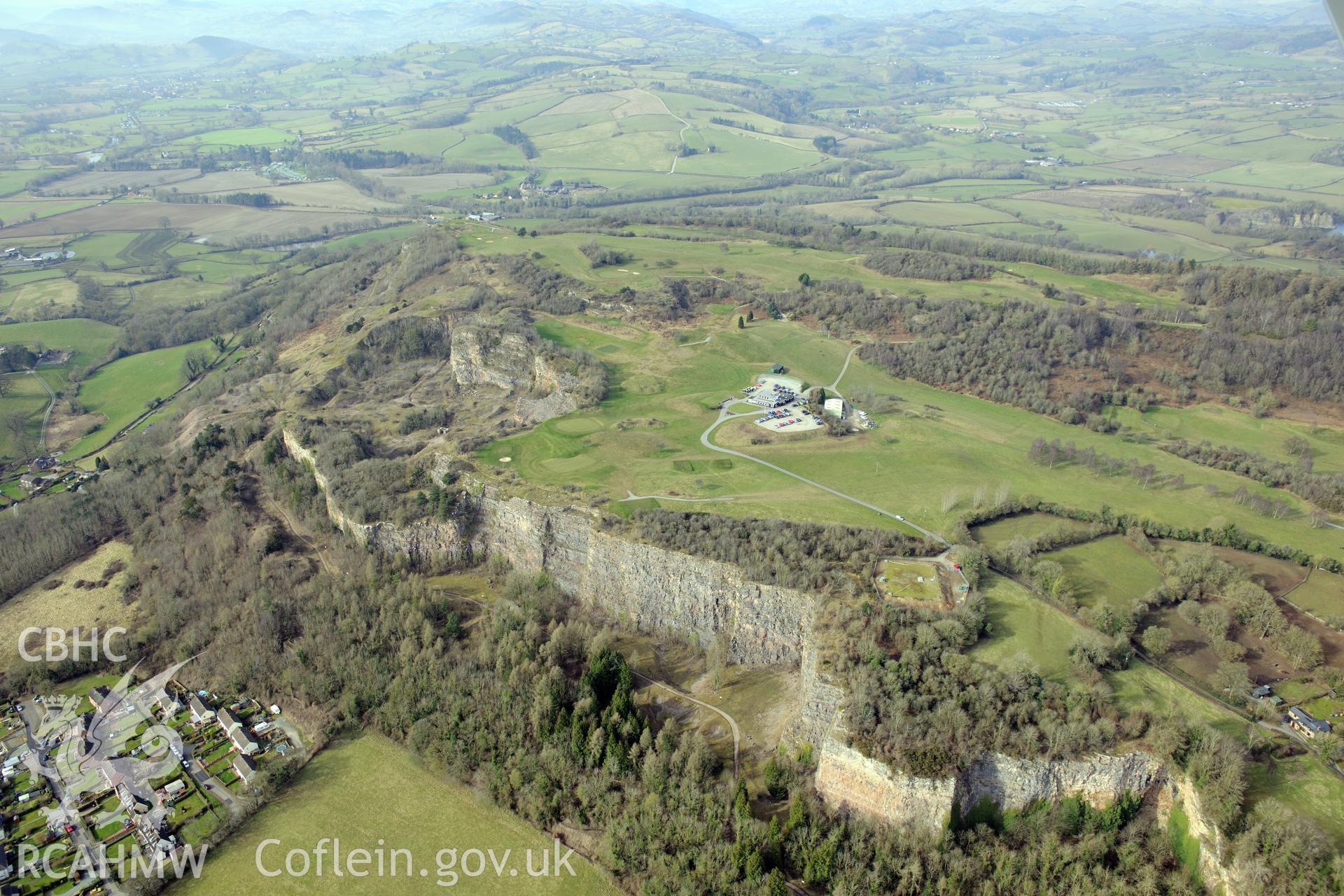 Llanymynech hillfort. Oblique aerial photograph taken during the Royal Commission?s programme of archaeological aerial reconnaissance by Toby Driver on 28th February 2013.