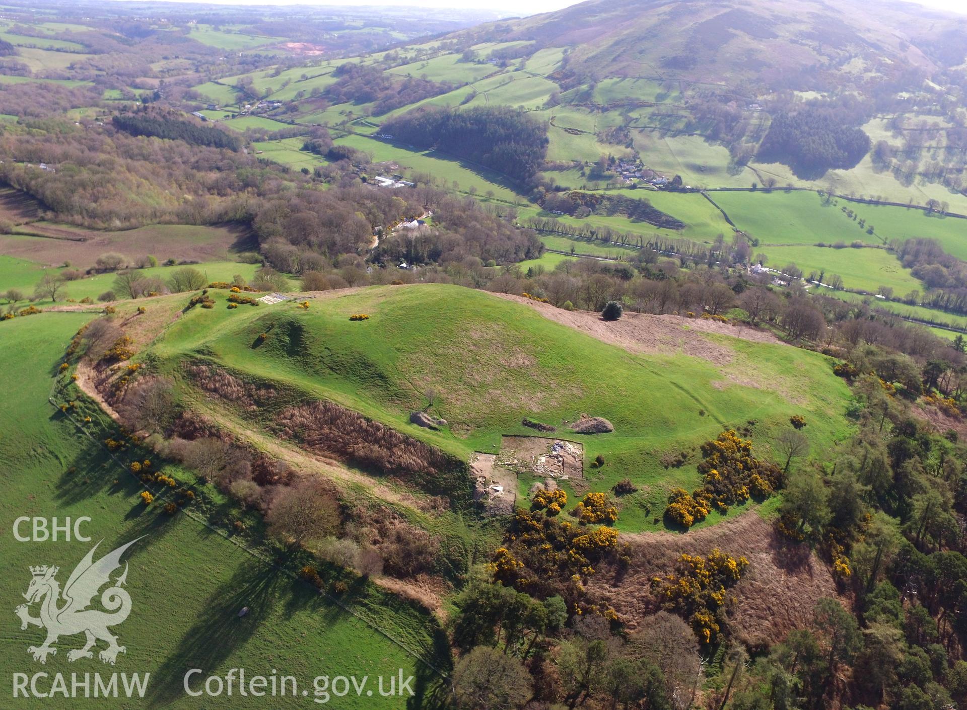 Colour photo showing aerial view of Moel-y-Gaer Hillfort, Bodfari, taken by Paul R. Davis, 20th April 2018.