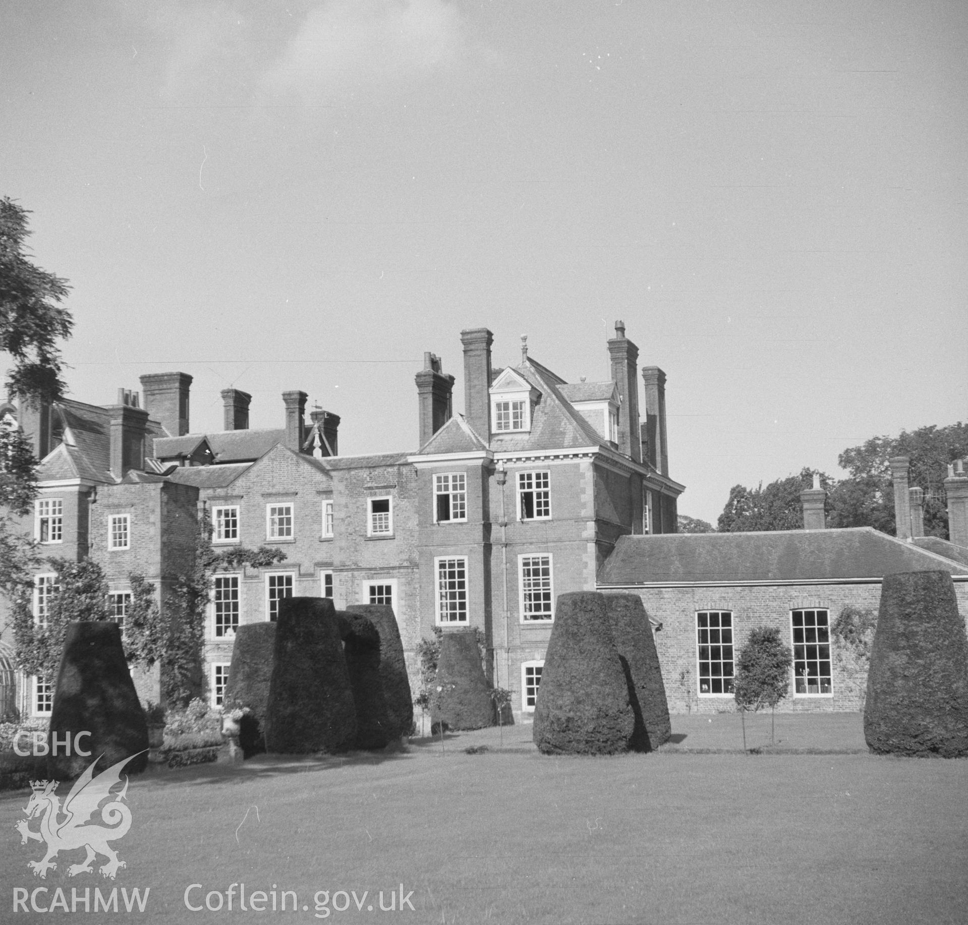 Digital copy of an undated nitrate negative showing view of Bodrhyddan Hall and gardens, Rhuddlan, Flintshire.