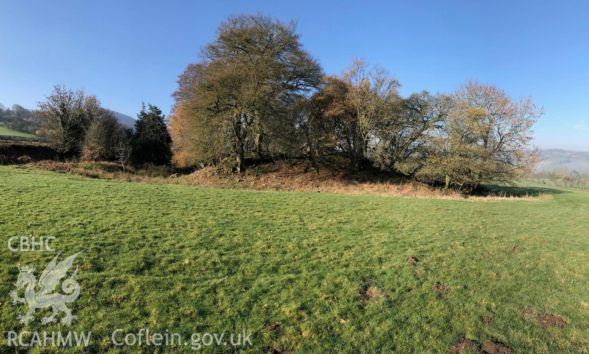 Colour photograph of Hen Castell and surrounding moat, Llangattock, Abergavenny, taken by Paul R. Davis on 24th February 2019.