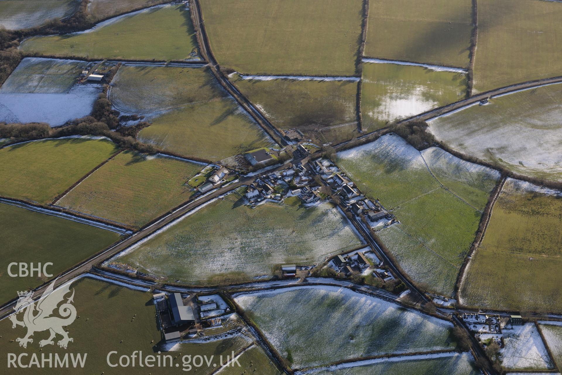 The barrow cemetery, northern tumulus and southern tumulus at Cross Hands, west of Carmarthen. Oblique aerial photograph taken during the Royal Commission's programme of archaeological aerial reconnaissance by Toby Driver on 4th February 2015.