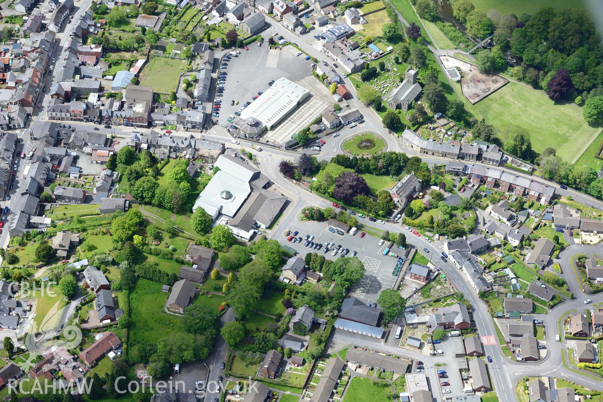 Church of St. Clement, Rhayader. Oblique aerial photograph taken during the Royal Commission's programme of archaeological aerial reconnaissance by Toby Driver on 3rd June 2015.