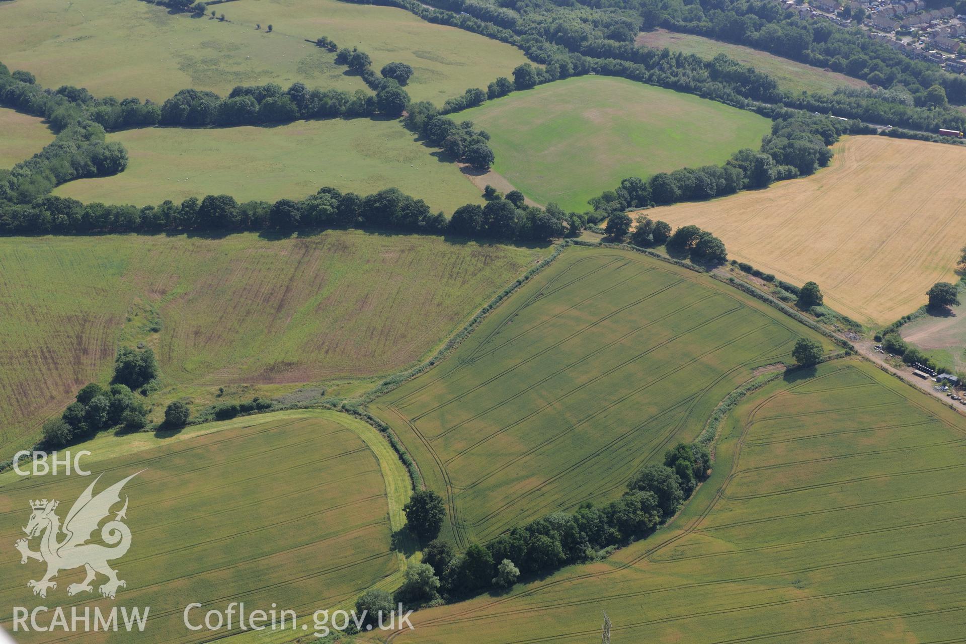 Cropmark showing the Malthouse Road defended enclosure, near Caerleon, north of Newport. Oblique aerial photograph taken during the Royal Commission?s programme of archaeological aerial reconnaissance by Toby Driver on 1st August 2013.