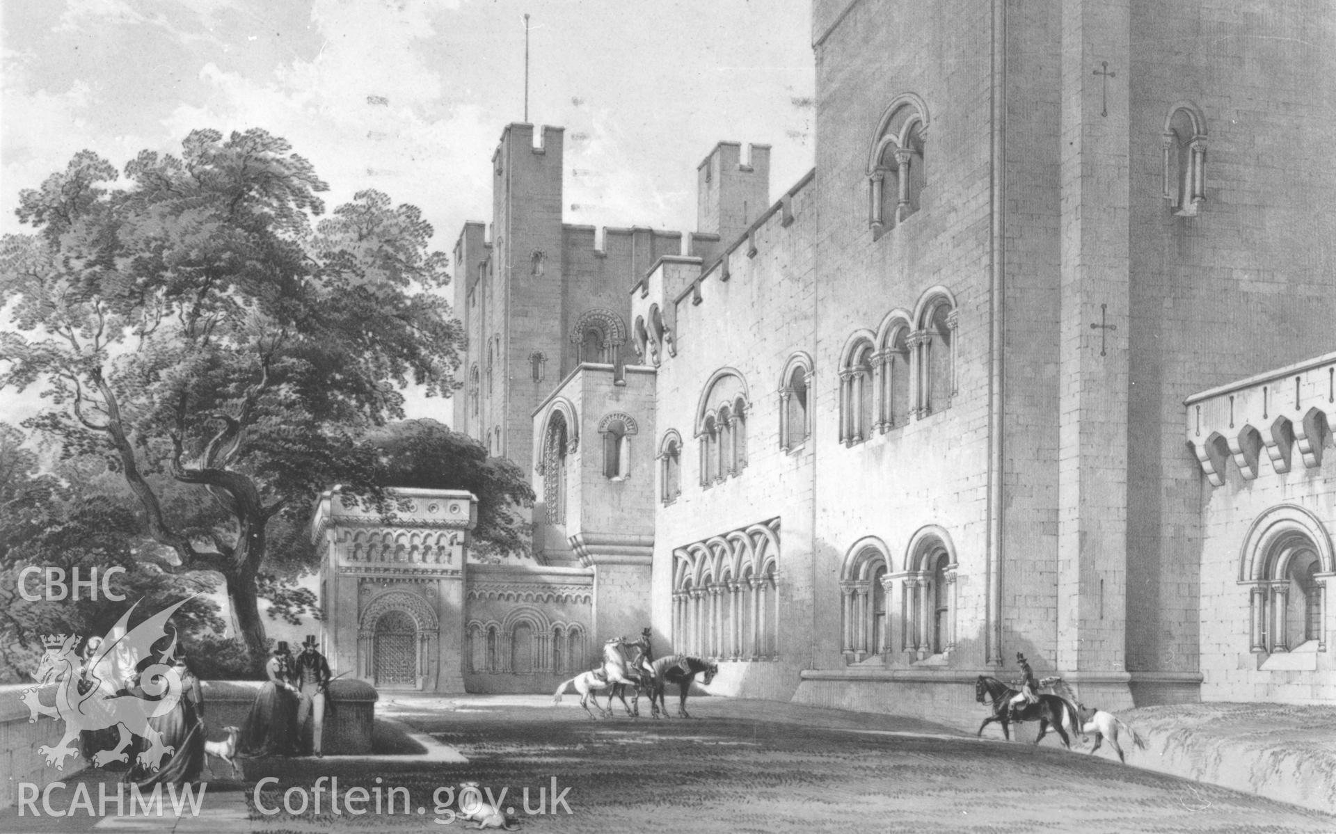 Digital copy of a 1959 postcard showing painting of Penrhyn Castle.