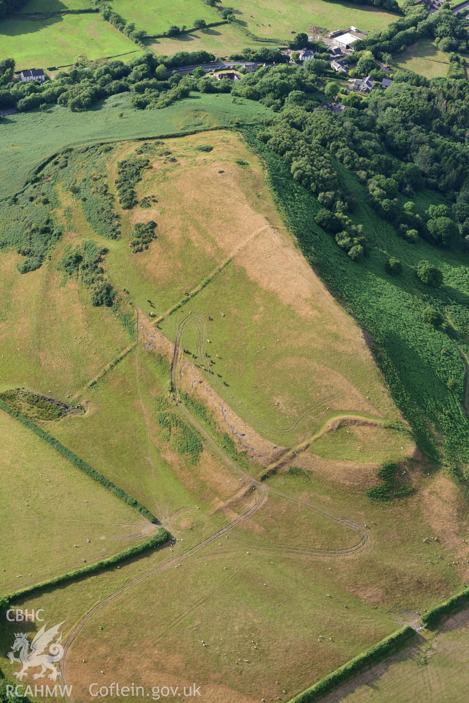 Royal Commission aerial photography of Cil Ifor top hillfort with extensive parching, and new archaeological detail, taken on 17th July 2018 during the 2018 drought.