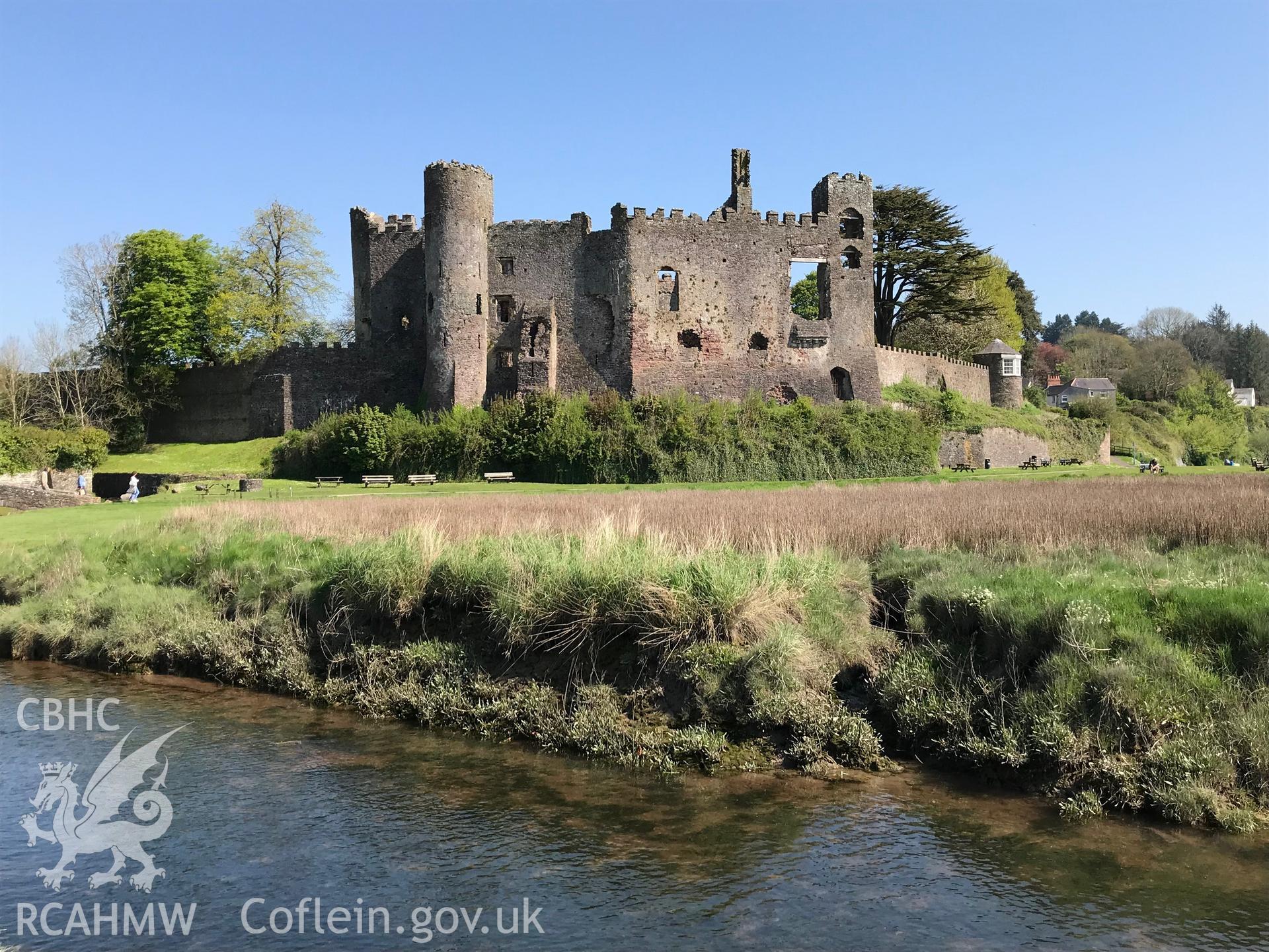 Colour photo showing exterior view of Laugharne Castle, taken by Paul R. Davis, 6th May 2018.