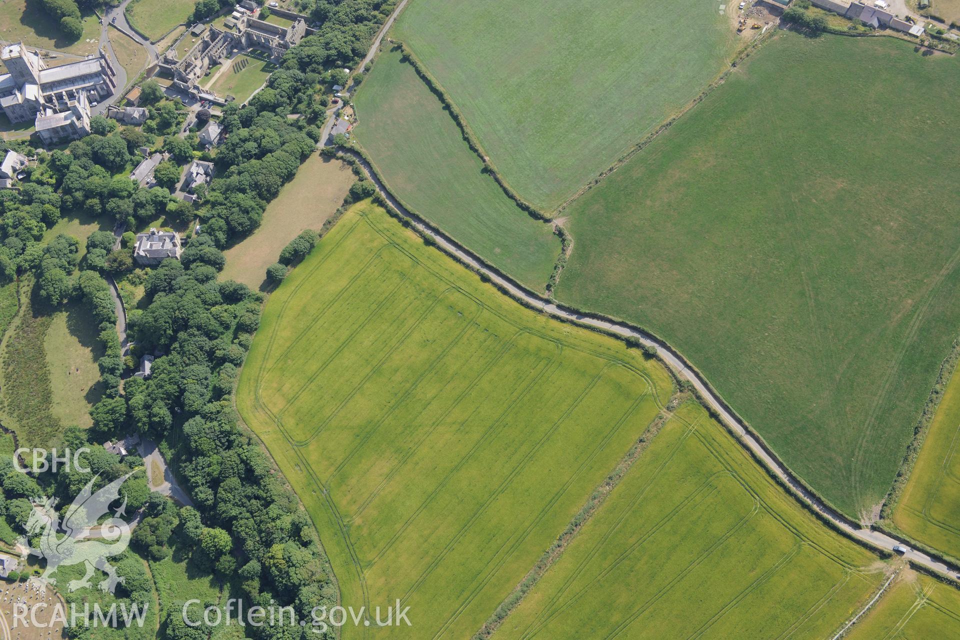 St Davids Cathedral, St Davids Bishops Palace and Pont y Penyd Cropmarks, St Davids. Oblique aerial photograph taken during the Royal Commission?s programme of archaeological aerial reconnaissance by Toby Driver on 16th July 2013.