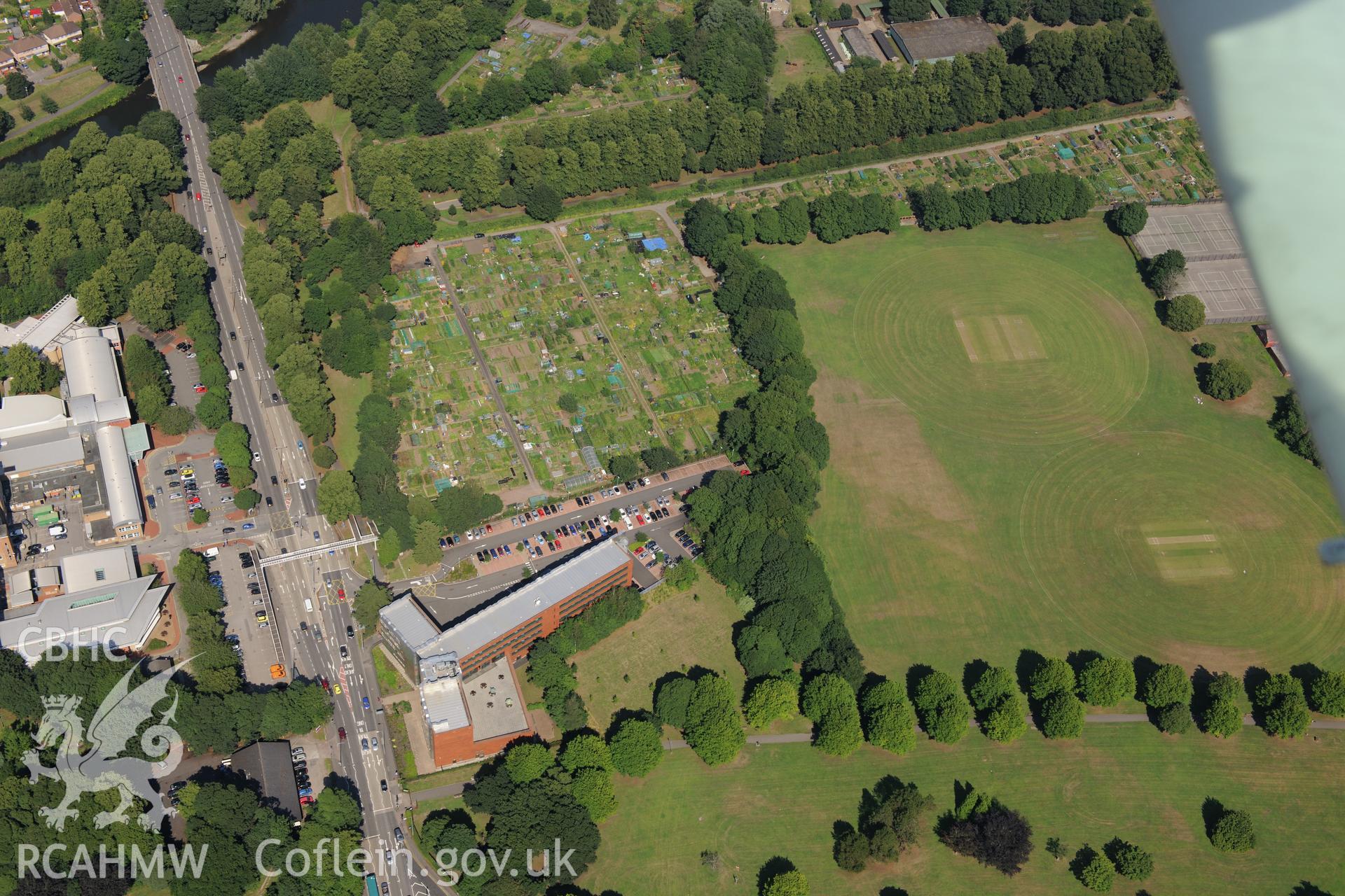 Open-air swimming baths at Pontcanna Fields, Llandaff, Cardiff. Oblique aerial photograph taken during the Royal Commission?s programme of archaeological aerial reconnaissance by Toby Driver on 1st August 2013.