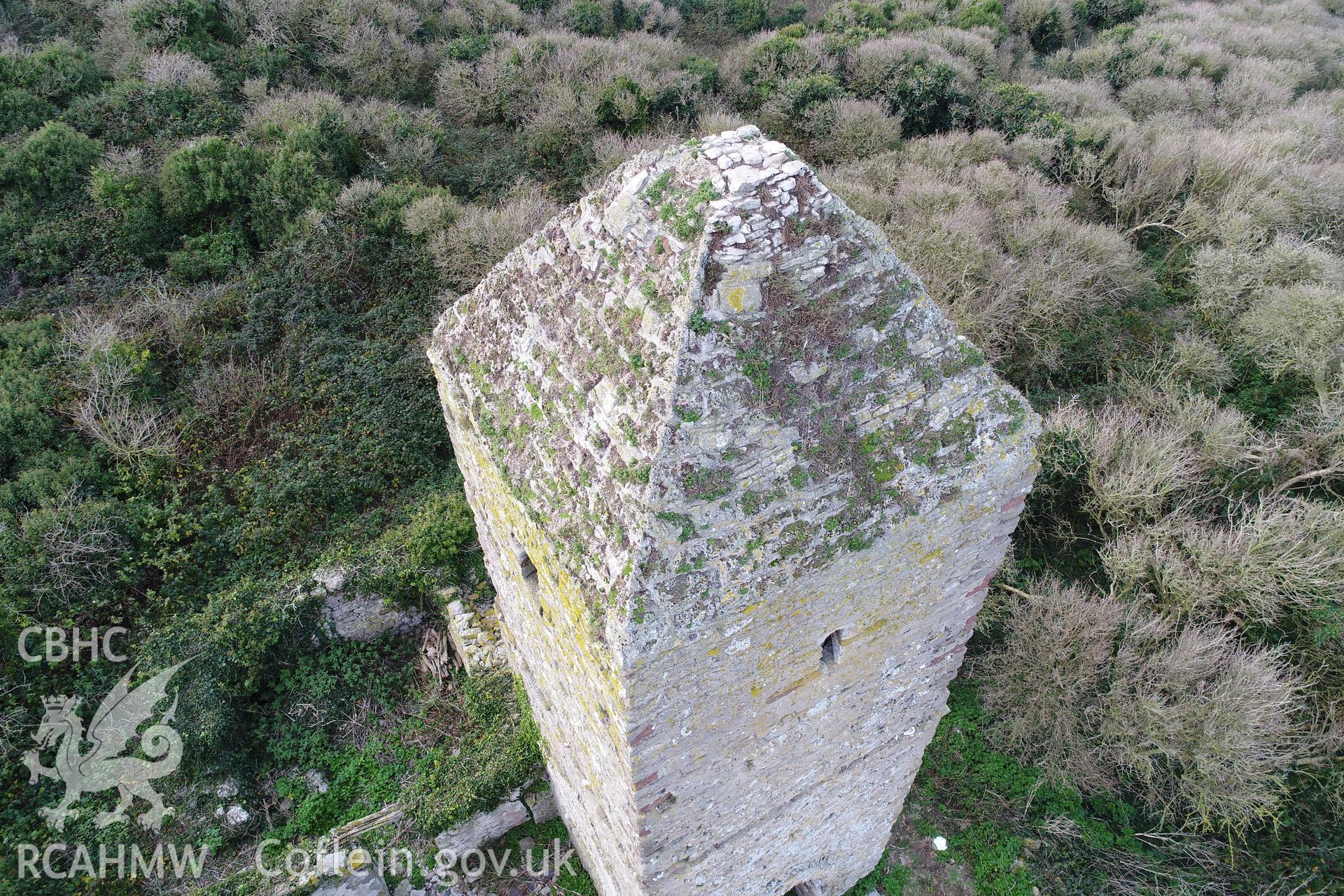 Investigator's drone/UAV survey of the church and monastic settlement on Puffin Island or Ynys Seiriol for the CHERISH Project. ? Crown: CHERISH PROJECT 2018. Produced with EU funds through the Ireland Wales Co-operation Programme 2014-2020. All material made freely available through the Open Government Licence.