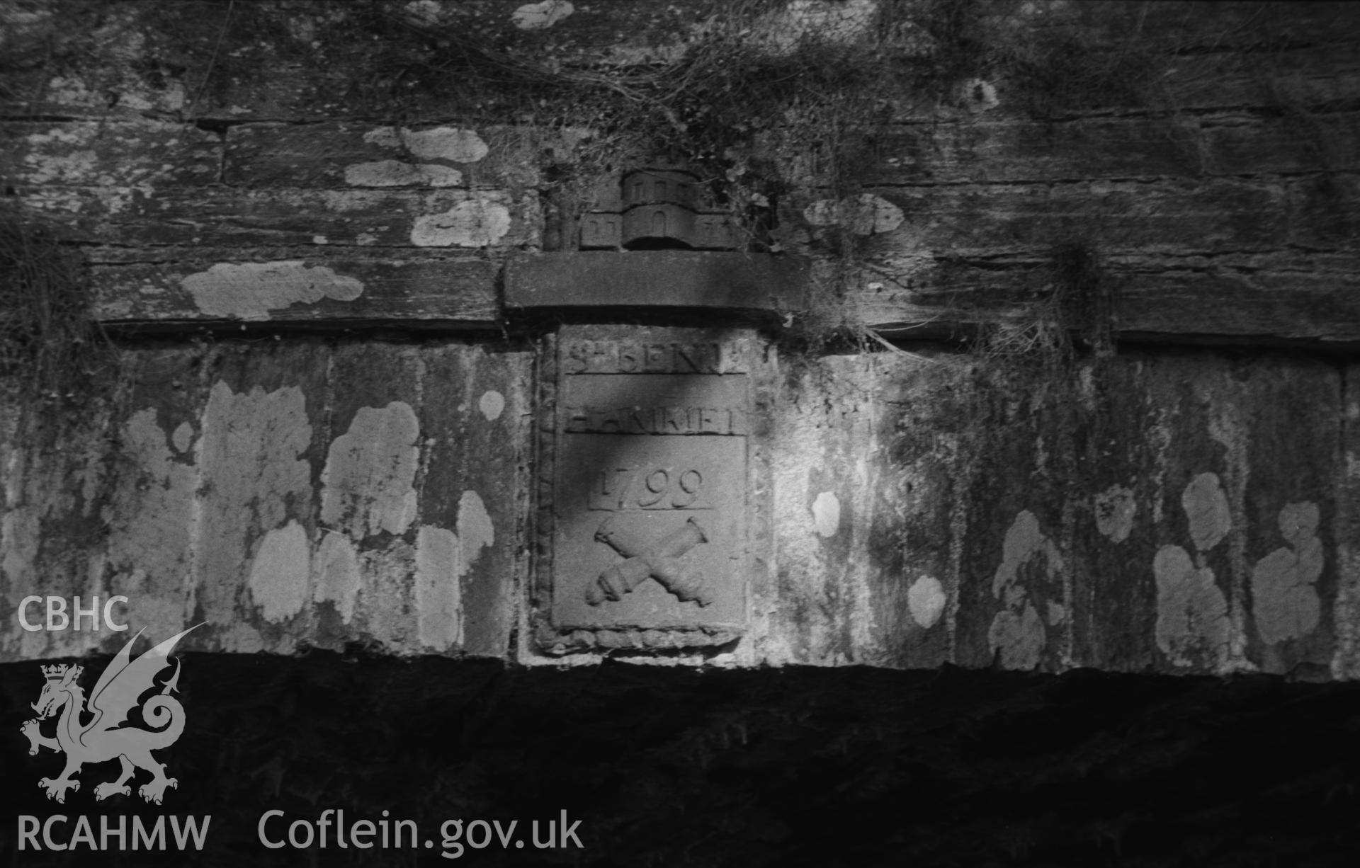 Digital copy of a black and white negative showing detailed view of plaque 'Sr Benj Hammet 1799' on Castell Malgwyn bridge, Llechryd, south east of Cardigan. Photographed by Arthur O. Chater in September 1964.