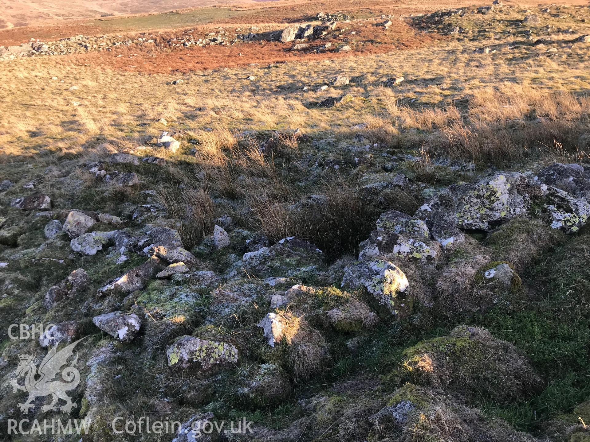 Detailed view showing stone-marked outline of possible longhut associated with the Hafod at Ffridd Camen, Llandrillo. Colour photograph taken by Paul R. Davis on 2nd January 2019.