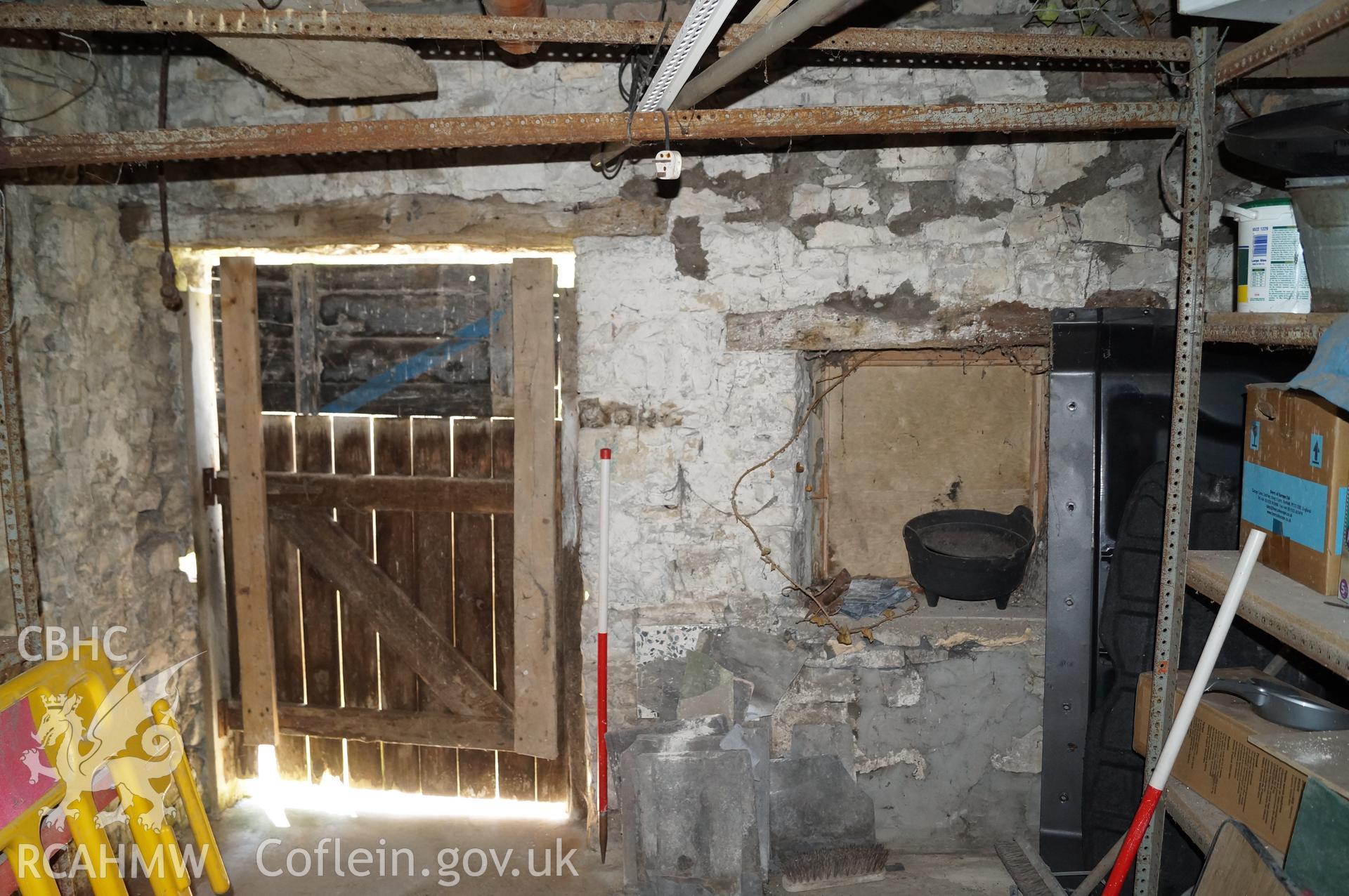 'Internal view looking south southeast at the southern wall of extension showing doorway and window' at Rowley Court, Llantwit Major. Photograph & description by Jenny Hall & Paul Sambrook of Trysor, 25th May 2017.