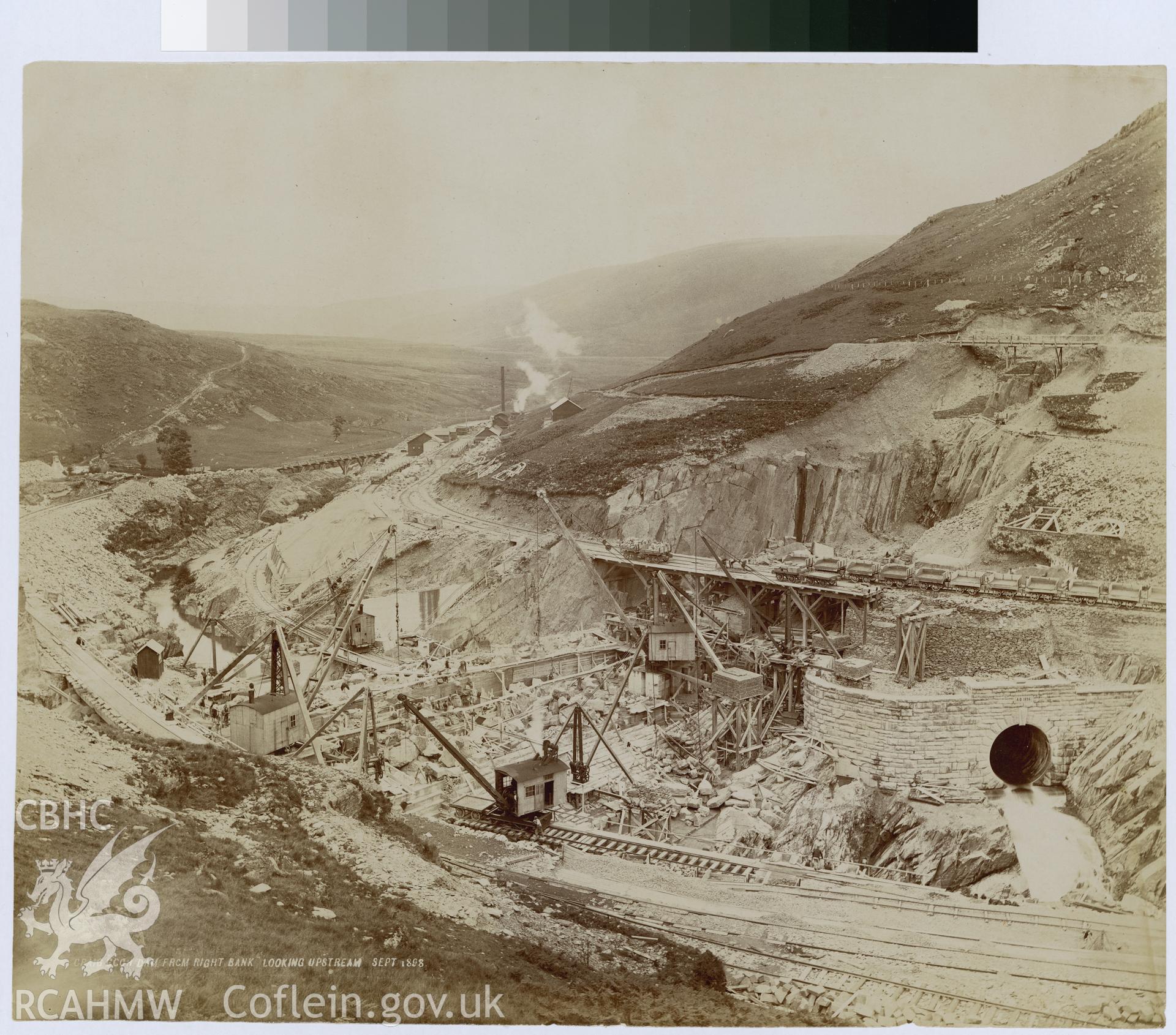 Digital copy of an albumen print from Edward Hubbard Collection showing Craig Goch Dam from the right bank looking upstream, taken September 1888.