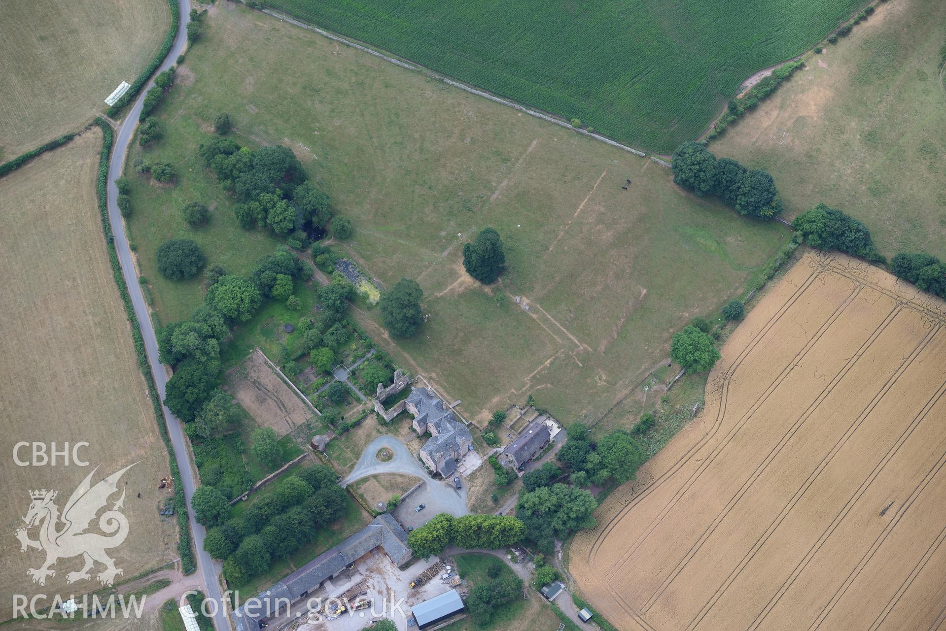 Royal Commission aerial photography of Old Gwernyfed, with parchmarks, taken on 19th July 2018 during the 2018 drought.