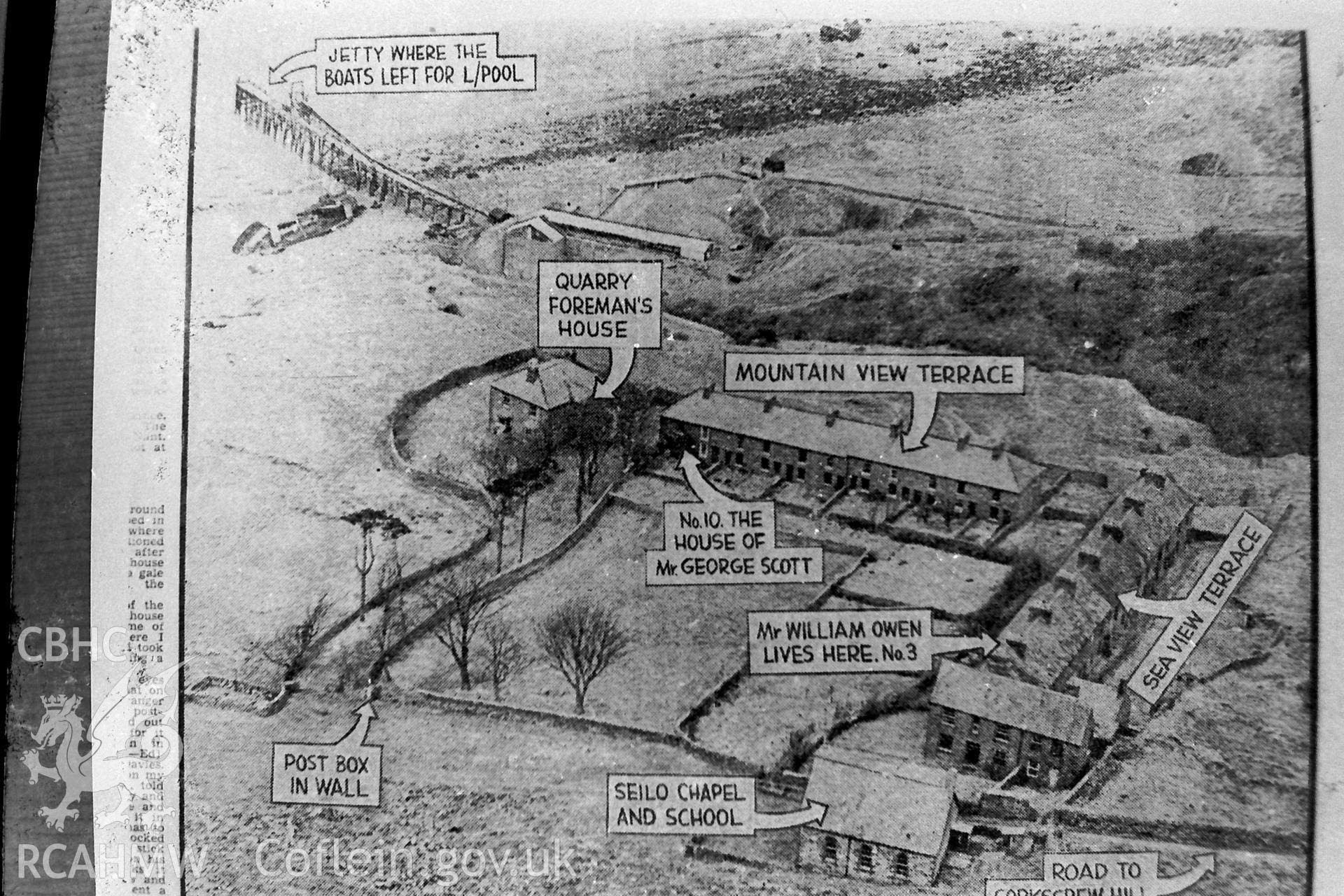 Digitised, annotated, 'elevated view over the village square' at Porth-y-Nant. Reproduced from the Herald of Wales 27th March 1954 by Martin Davies in his Bachelor of Architecture dissertation at the University of Nottingham, 1979.