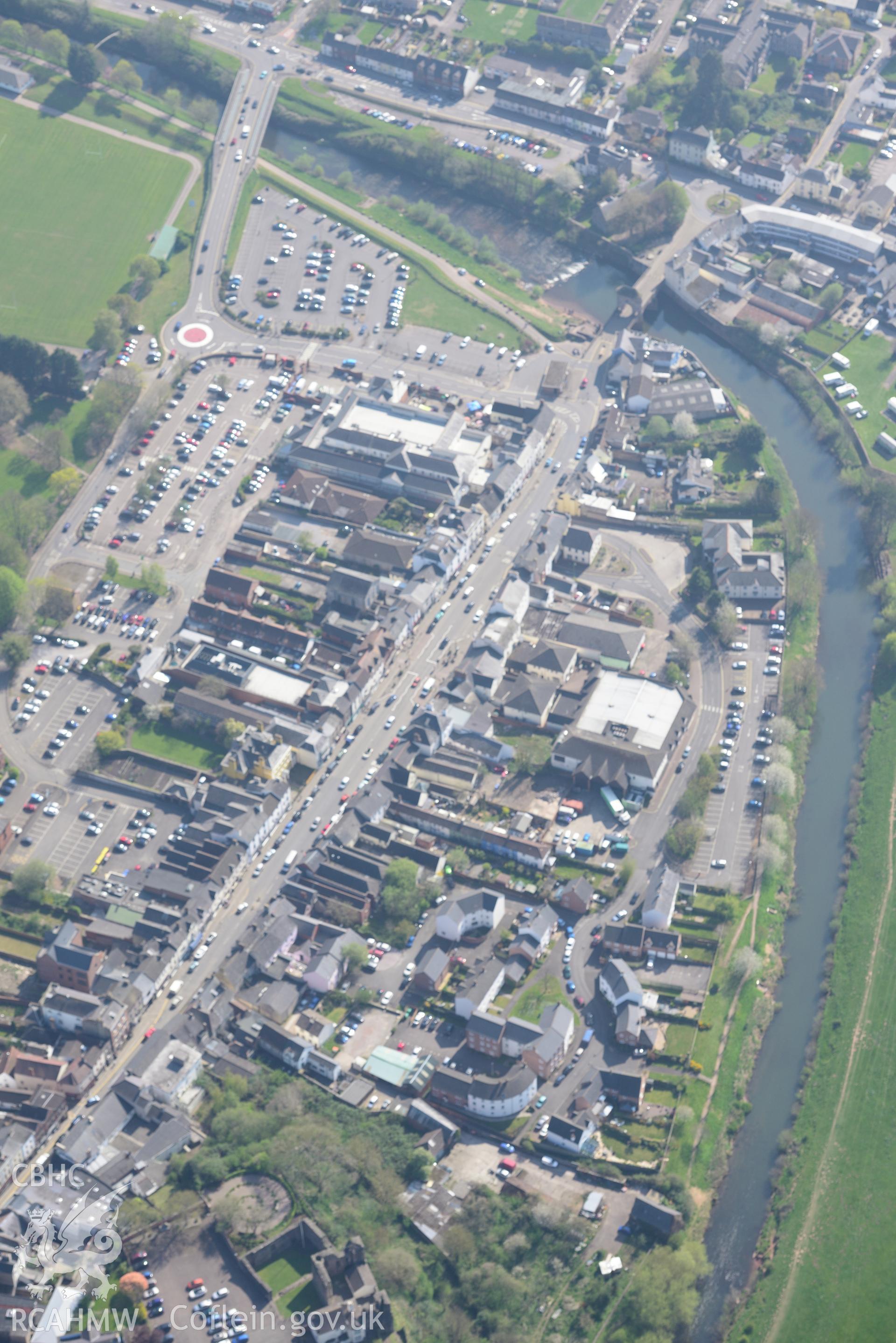 Monmouth Bridge and Gate. Oblique aerial photograph taken during the Royal Commission's programme of archaeological aerial reconnaissance by Toby Driver on 15th April 2015.