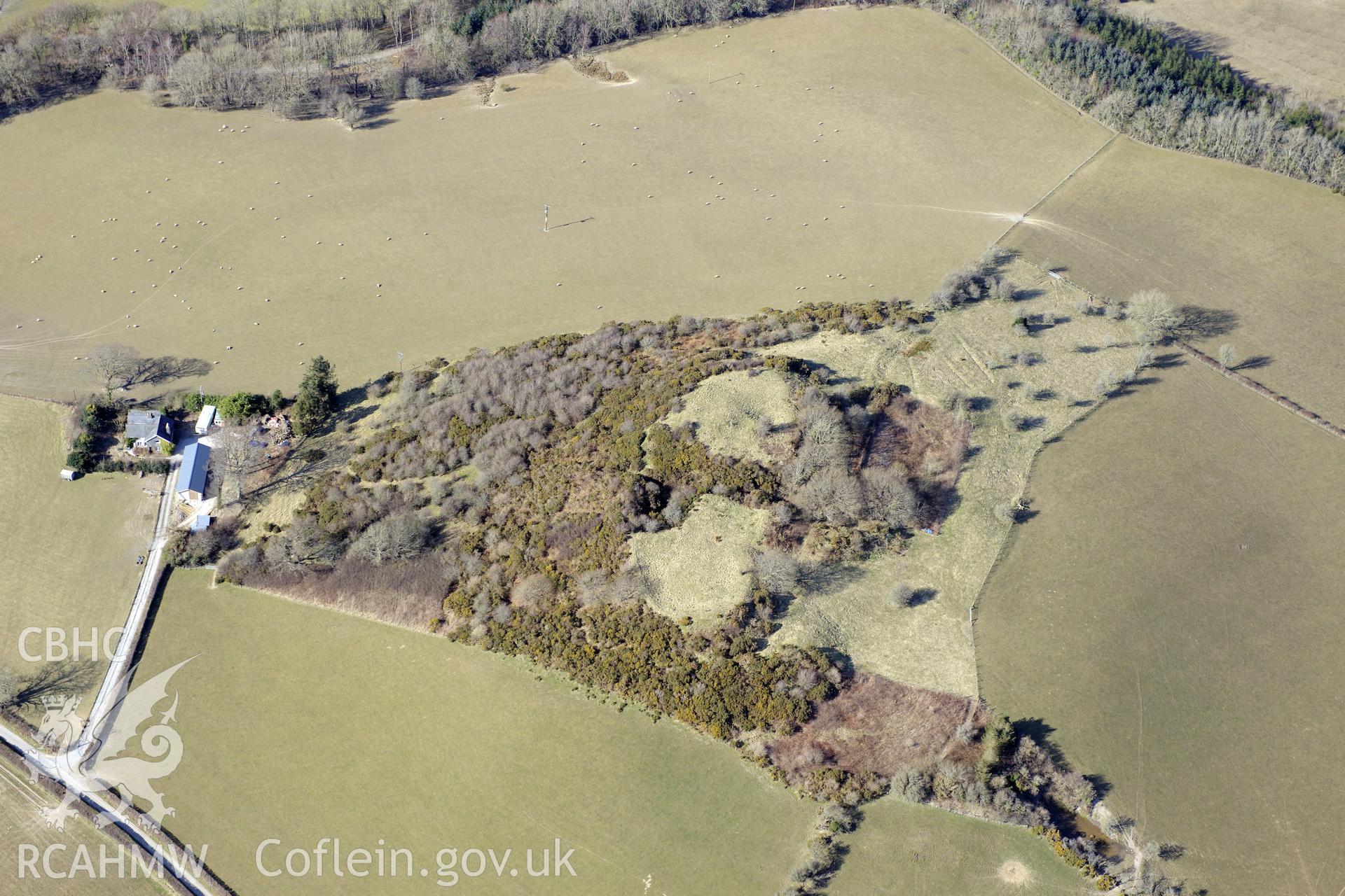 Pen-y-Castell hillfort and a defended enclosure to its north, Llanilar, south east of Aberystwyth. Oblique aerial photograph taken during the Royal Commission's programme of archaeological aerial reconnaissance by Toby Driver on 2nd April 2013.