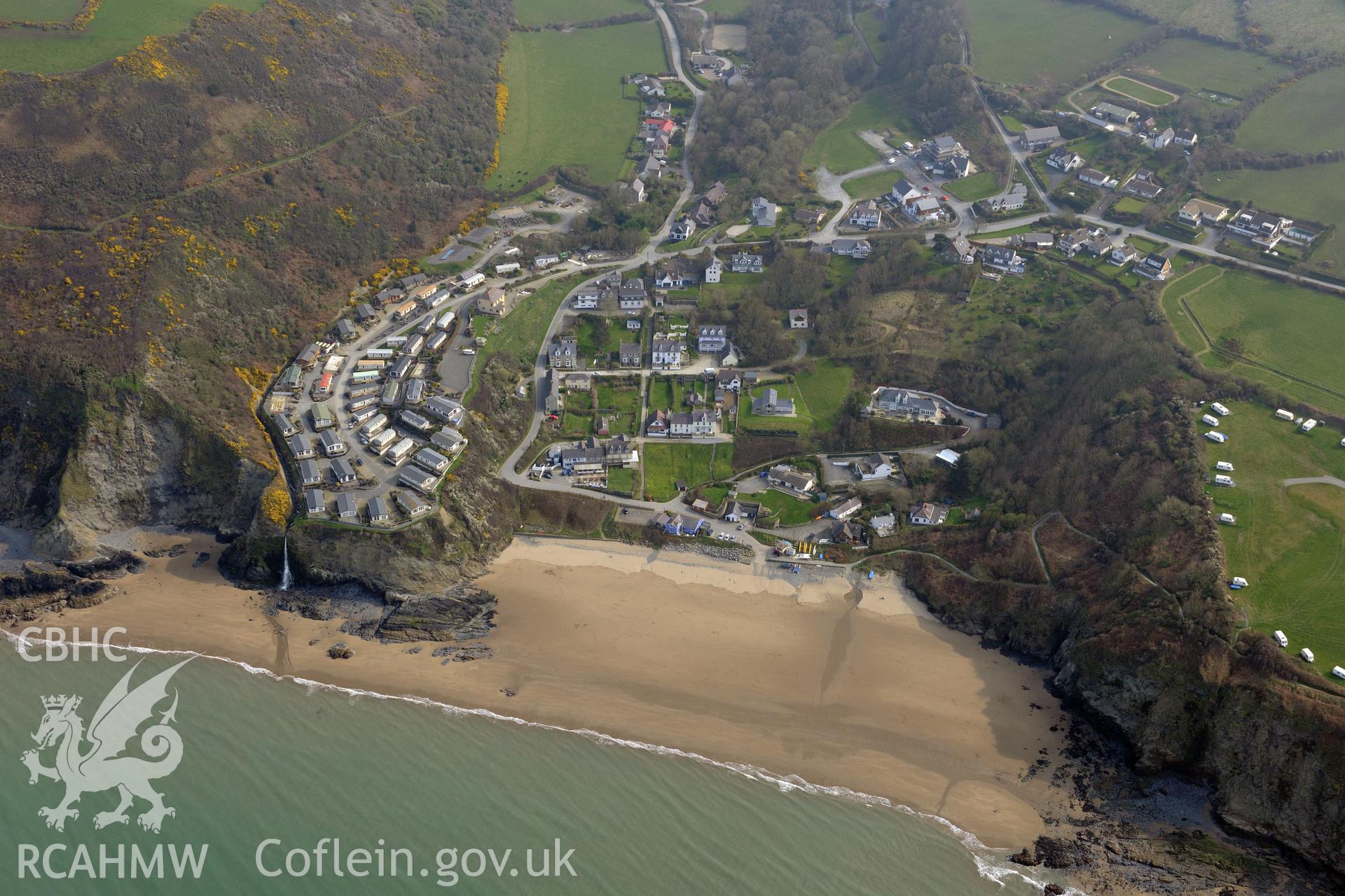 Aerial photography of Tresaith taken on 27th March 2017. Baseline aerial reconnaissance survey for the CHERISH Project. ? Crown: CHERISH PROJECT 2019. Produced with EU funds through the Ireland Wales Co-operation Programme 2014-2020. All material made freely available through the Open Government Licence.