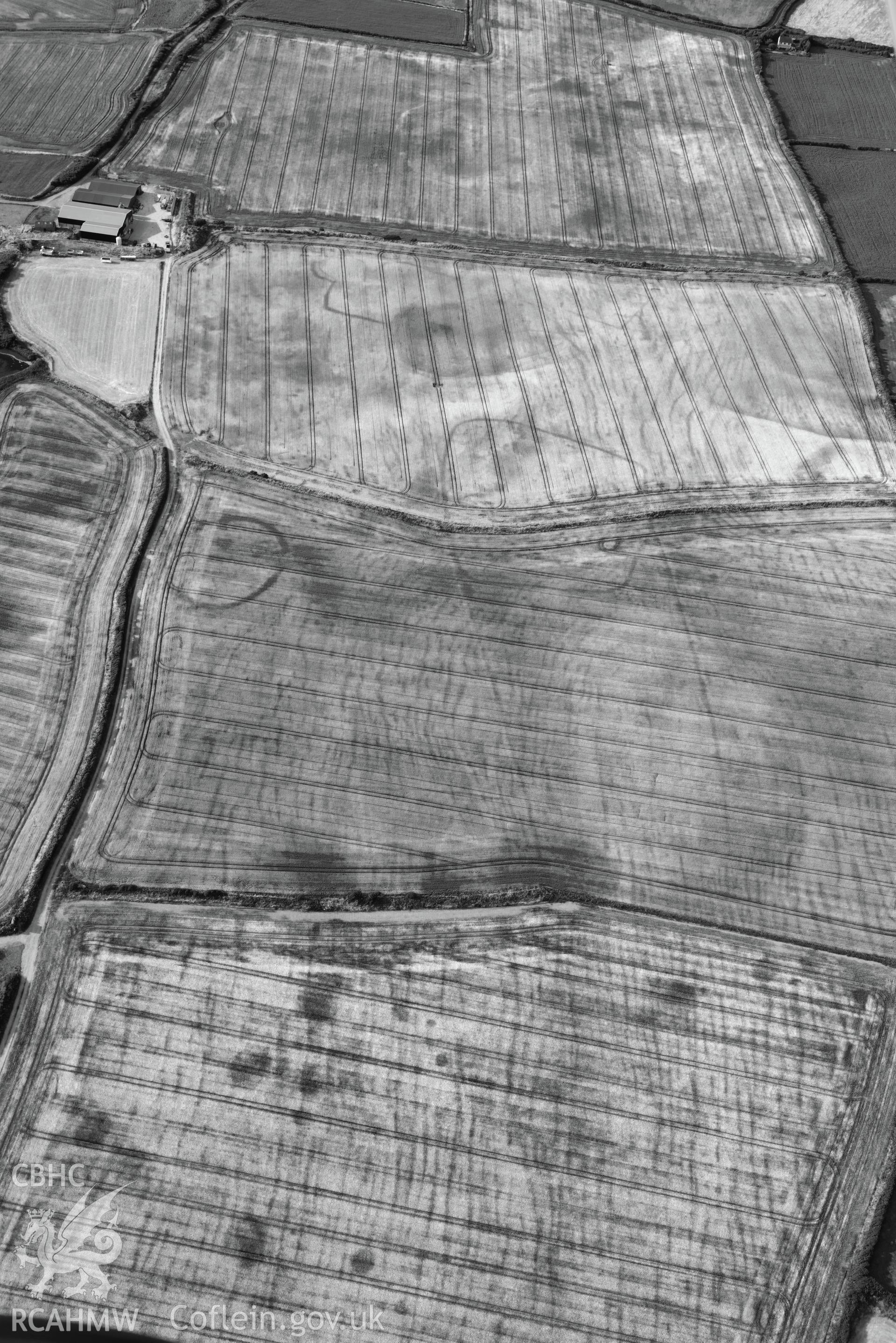 Royal Commission aerial photography of Paviland Manor cropmark complex, south-west circular enclosure, taken on 17th July 2018 during the 2018 drought.