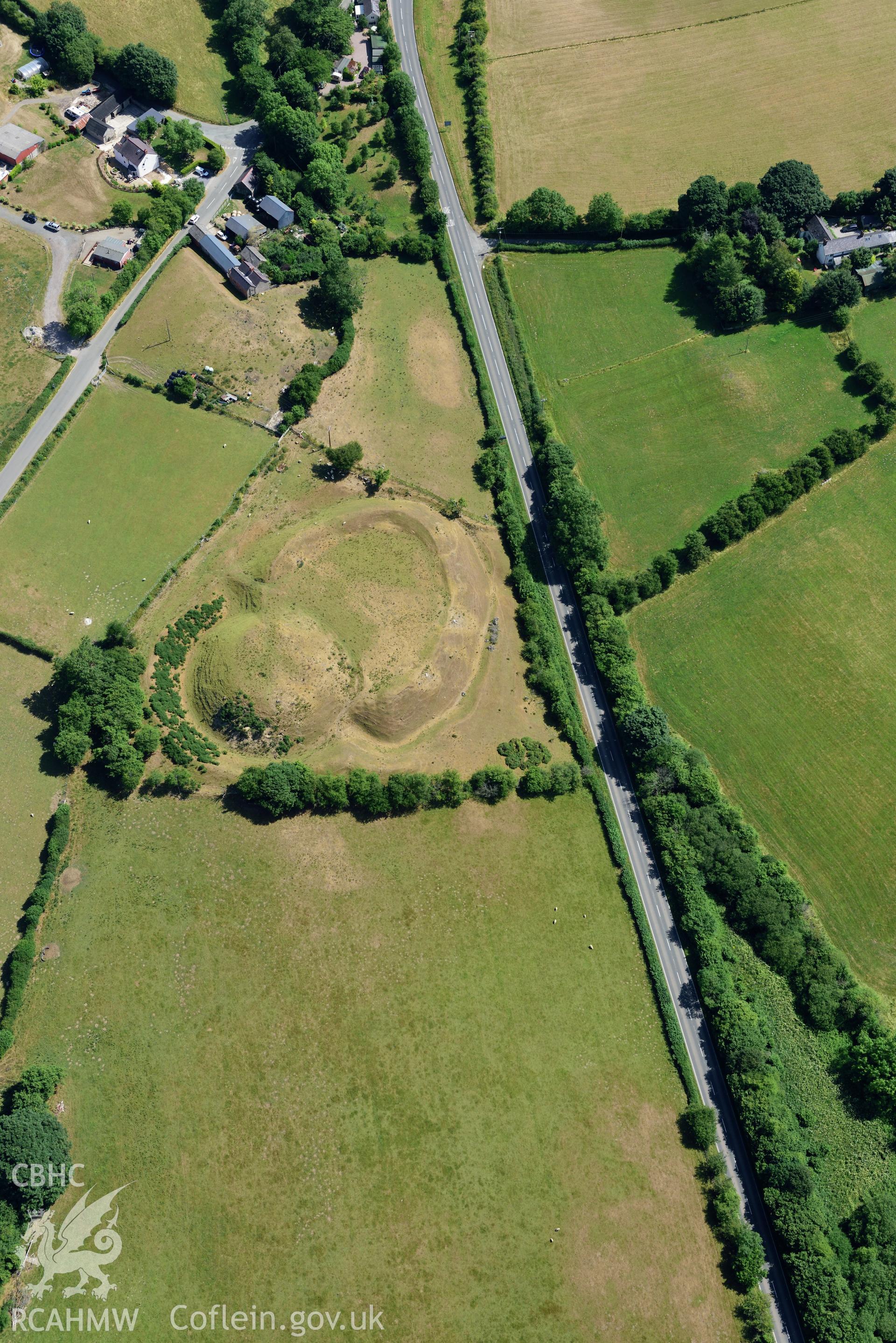 Royal Commission aerial photography of Tomen y Rhodwydd with parchmarks, taken on 19th July 2018 during the 2018 drought.