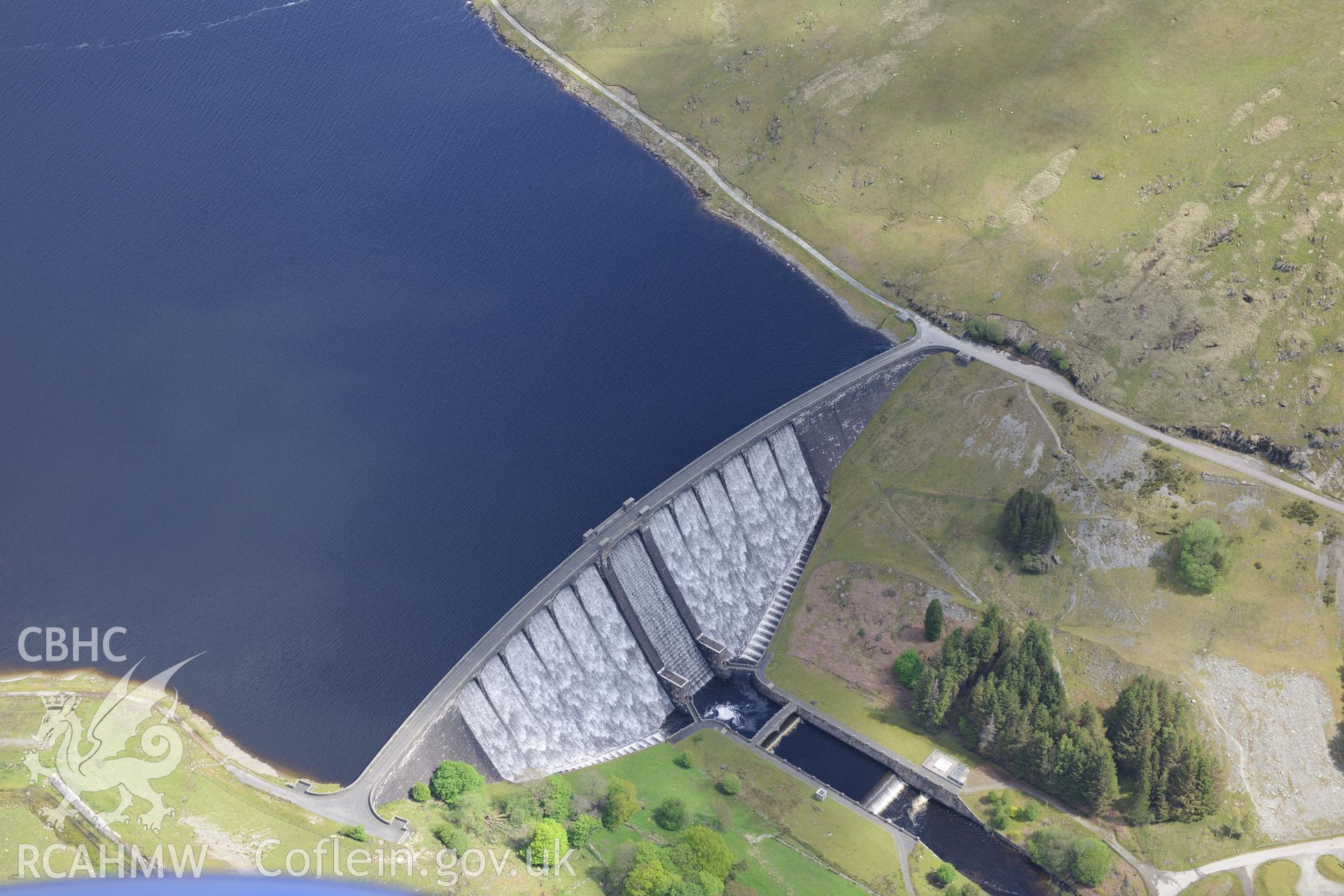 Claerwen Dam and Reservoir, Elan Valley Water Scheme. Oblique aerial photograph taken during the Royal Commission's programme of archaeological aerial reconnaissance by Toby Driver on 3rd June 2015.