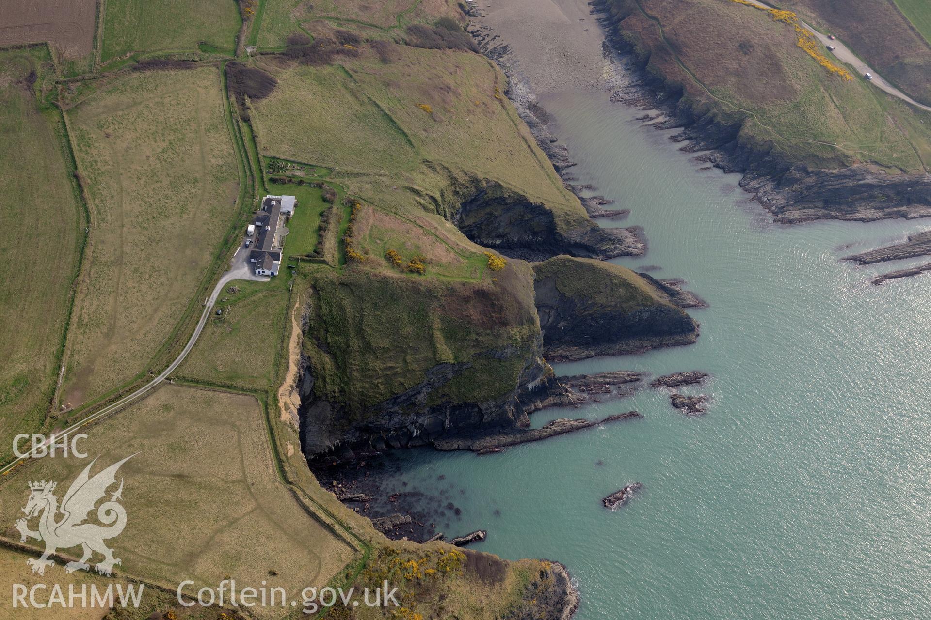 Aerial photography of Pen Castell promontory fort taken on 27th March 2017. Baseline aerial reconnaissance survey for the CHERISH Project. ? Crown: CHERISH PROJECT 2019. Produced with EU funds through the Ireland Wales Co-operation Programme 2014-2020. All material made freely available through the Open Government Licence.