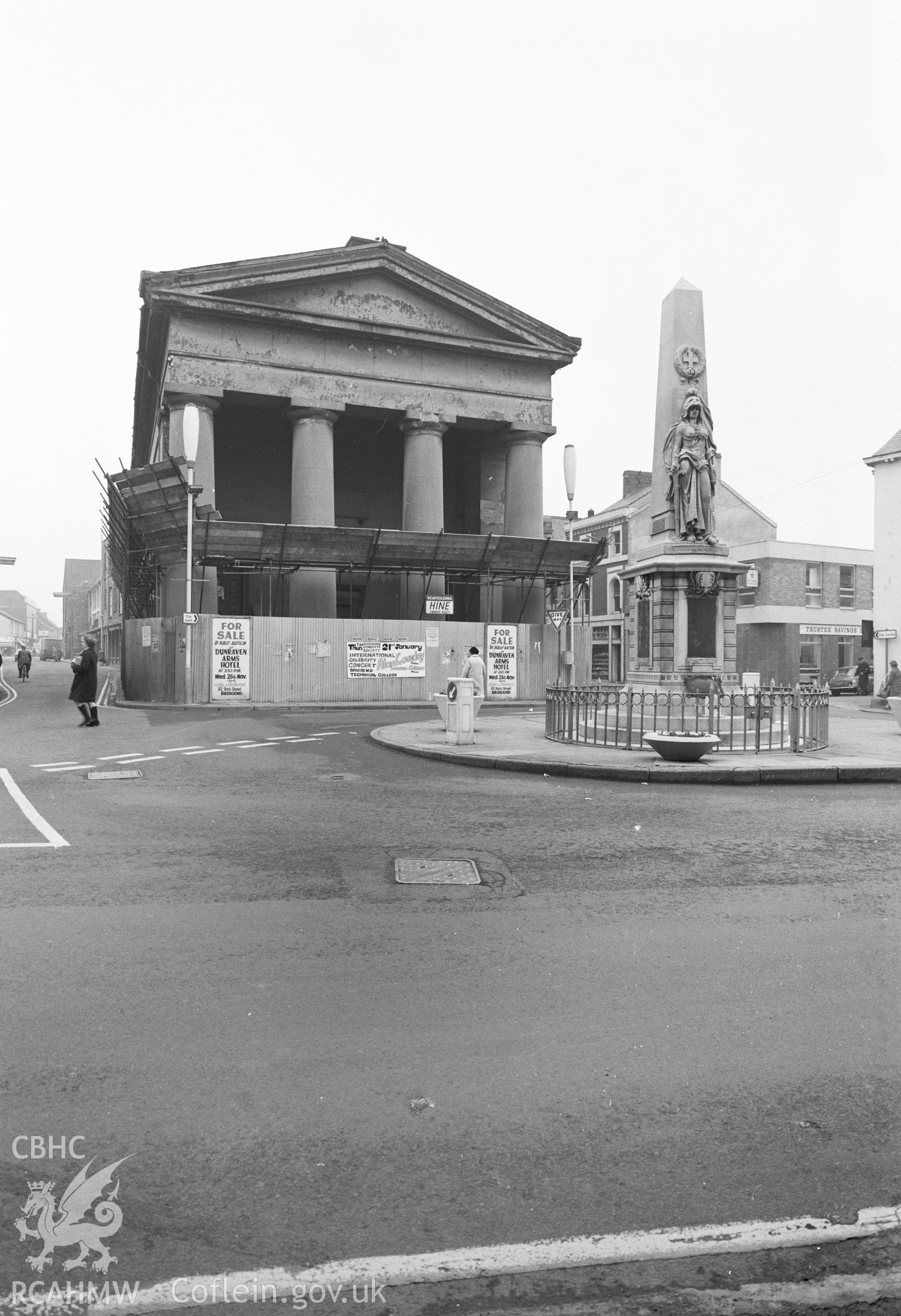 Digital copy of a black and white negative showing Bridgend Town Hall.