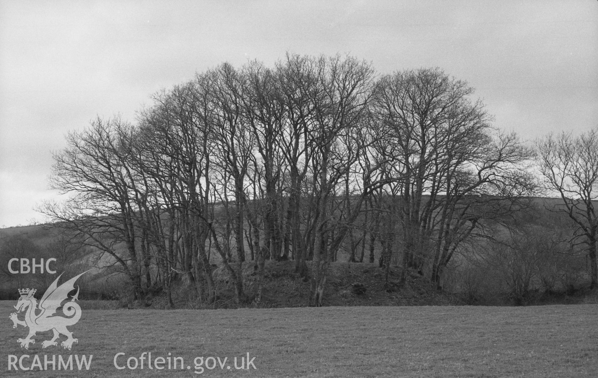 Digital copy of a black and white negative showing Castell Nant-y-Garan motte in field just north of Llandyfriog. Photographed by Arthur O. Chater in April 1966 from Grid Reference SN 370 421, looking north west.