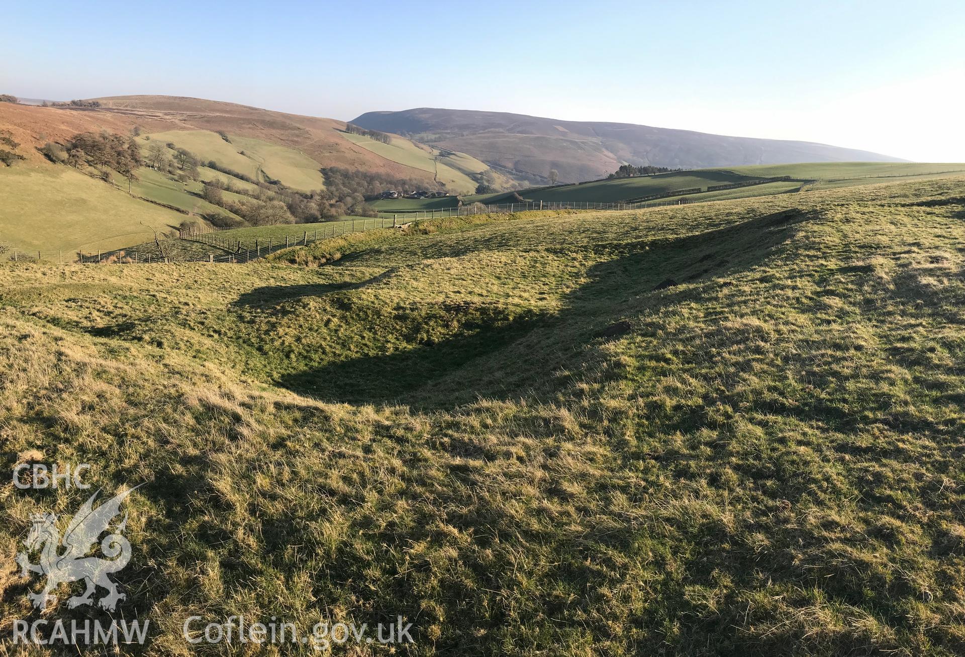 Colour photograph of Cwm-Twrch medieval platform settlement, Glascwm, north east of Builth Wells, taken by Paul R. Davis on 26th February 2019.