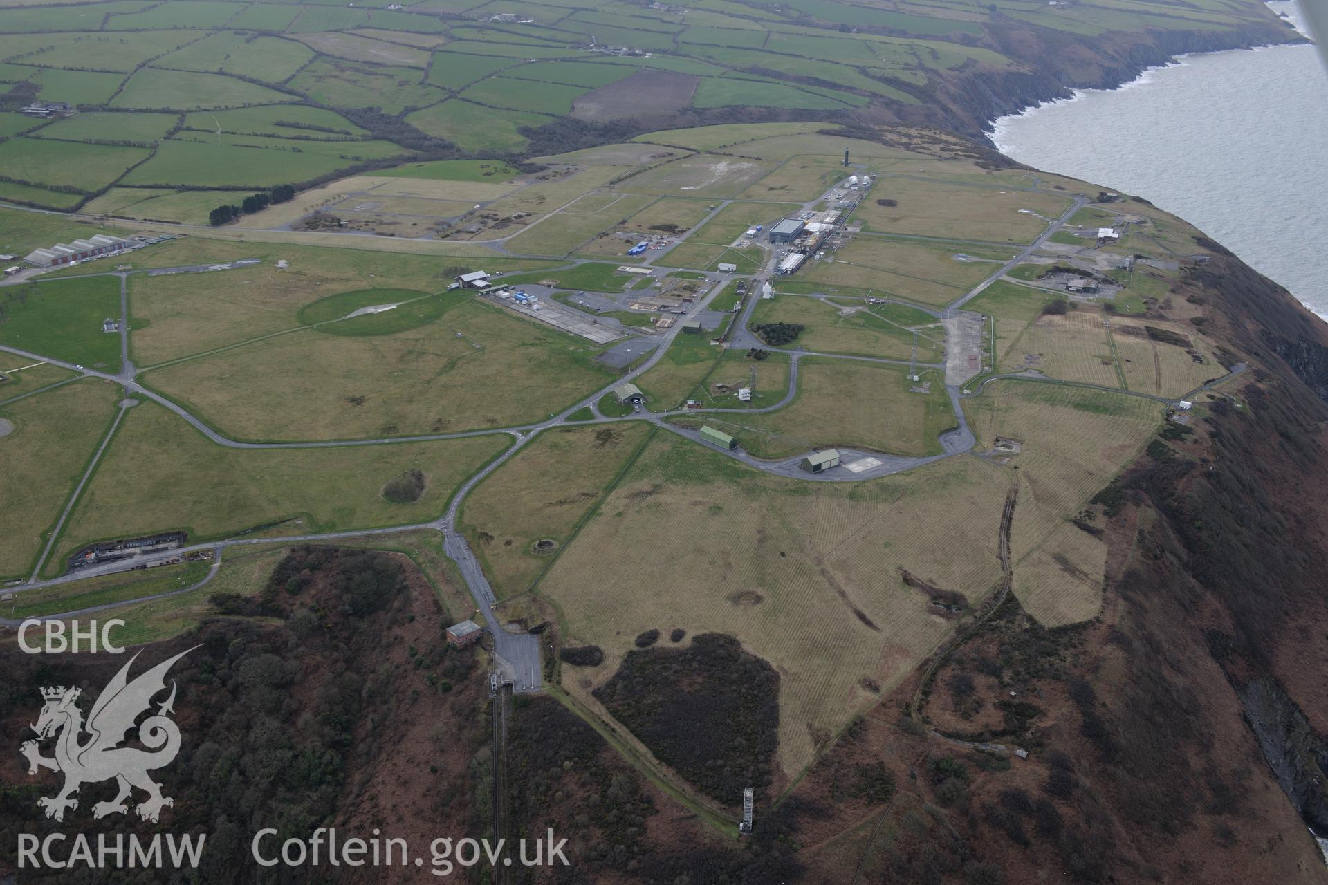 The Defence Evaluation and Research Agency base at Aberporth. Oblique aerial photograph taken during the Royal Commission's programme of archaeological aerial reconnaissance by Toby Driver on 13th March 2015.