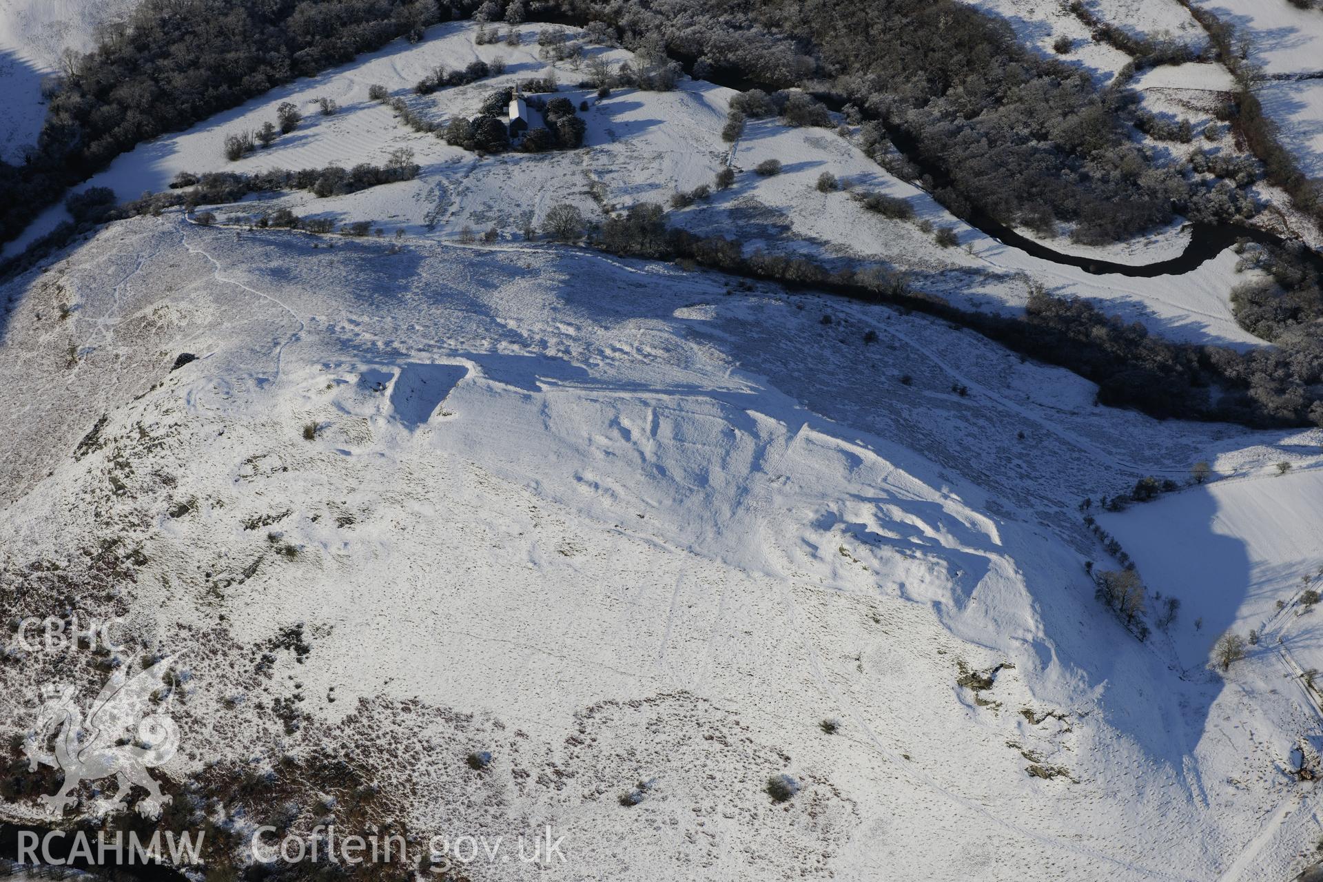 Cefnllys Castle, Penybont, east of Llandrindod Wells. Oblique aerial photograph taken during the Royal Commission?s programme of archaeological aerial reconnaissance by Toby Driver on 15th January 2013.