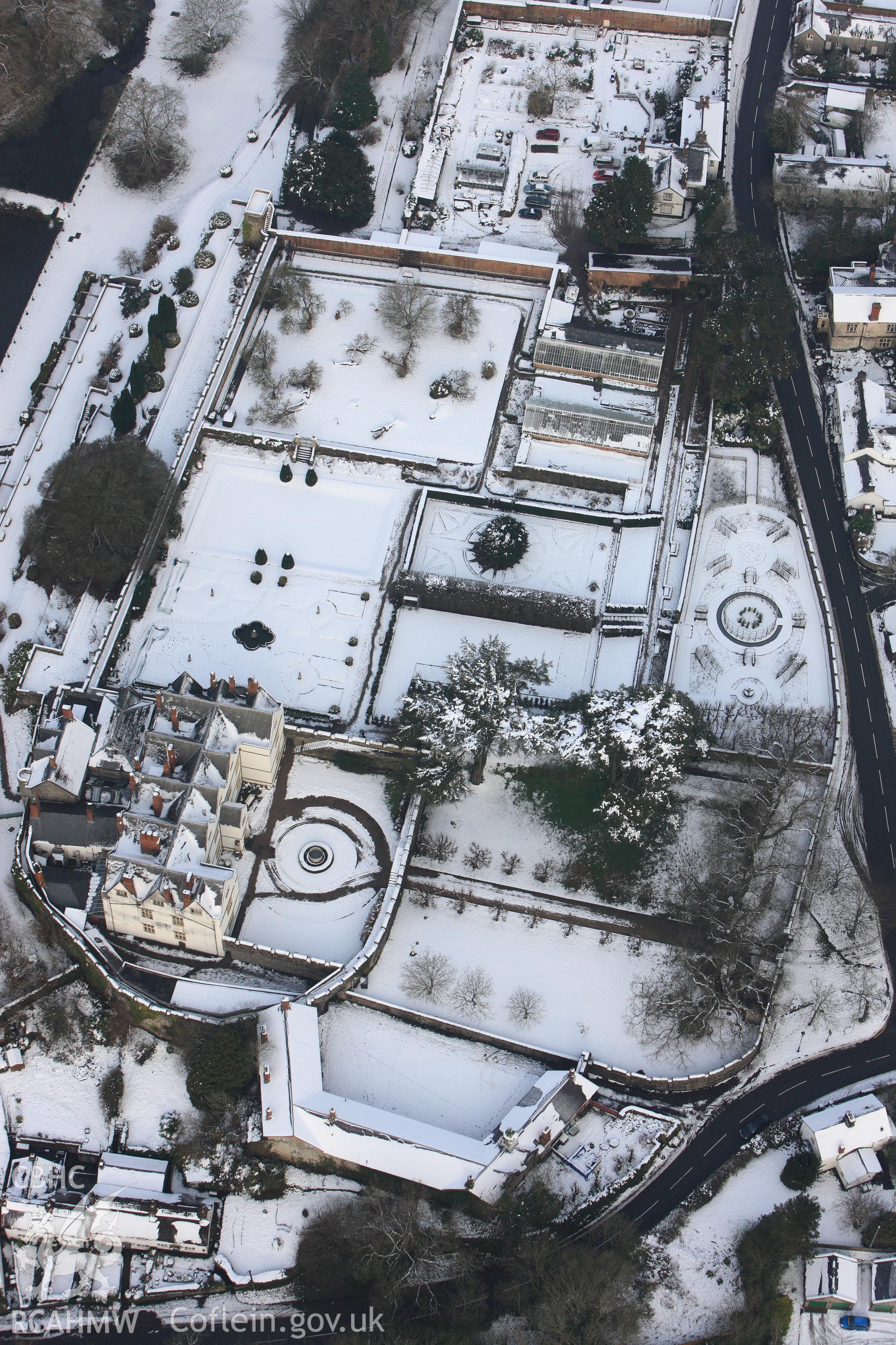 St Fagans castle and garden, at St Fagans Mueseum of Welsh Life. Oblique aerial photograph taken during the Royal Commission?s programme of archaeological aerial reconnaissance by Toby Driver on 24th January 2013.