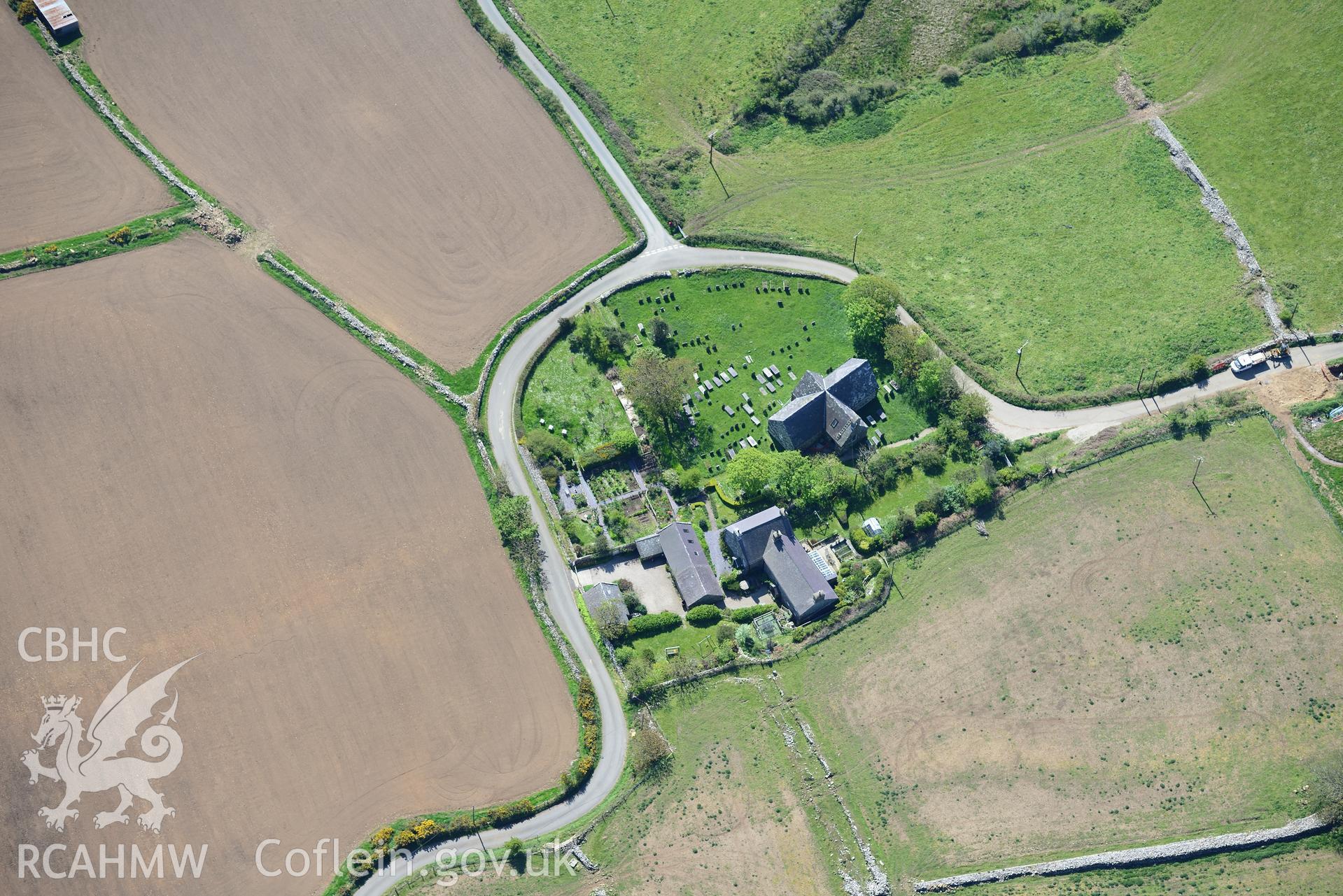 Aerial photography of St Aelrhiw's Church taken on 3rd May 2017.  Baseline aerial reconnaissance survey for the CHERISH Project. ? Crown: CHERISH PROJECT 2017. Produced with EU funds through the Ireland Wales Co-operation Programme 2014-2020. All material made freely available through the Open Government Licence.